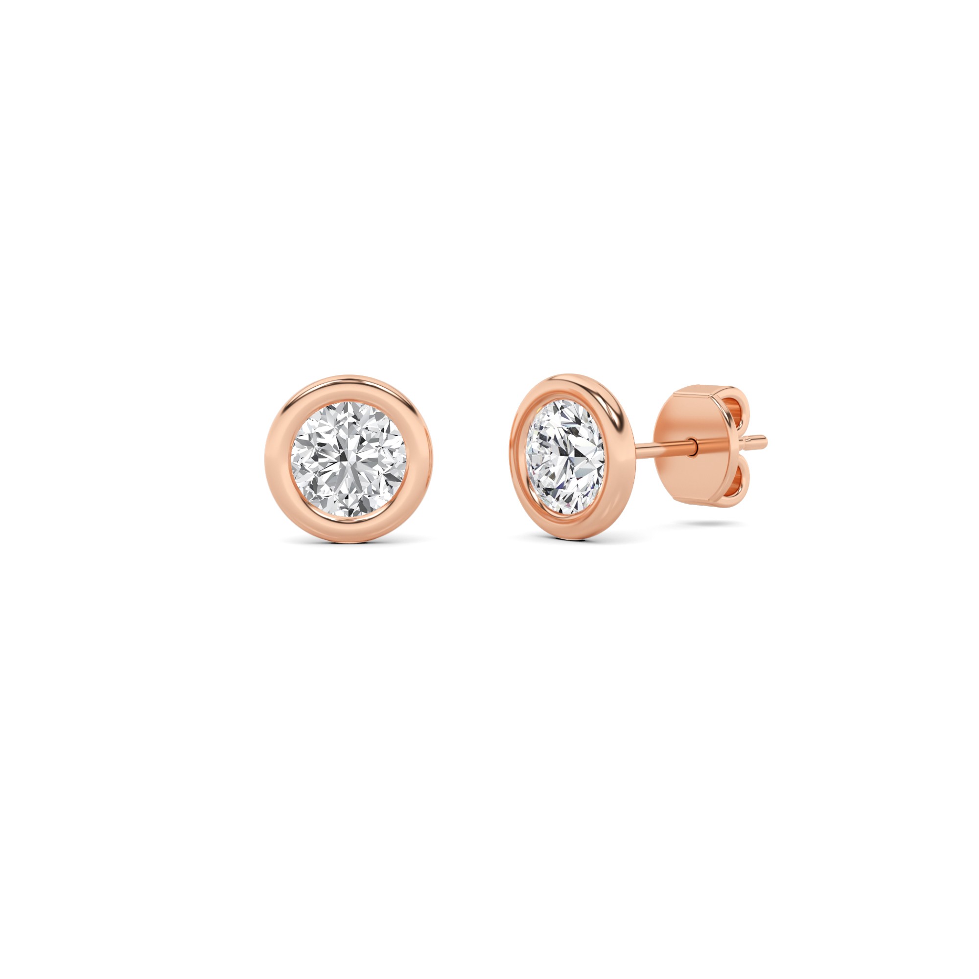Flat Back Bezel Set Round Diamond Stud Earring in 9K Rose Gold Push Back