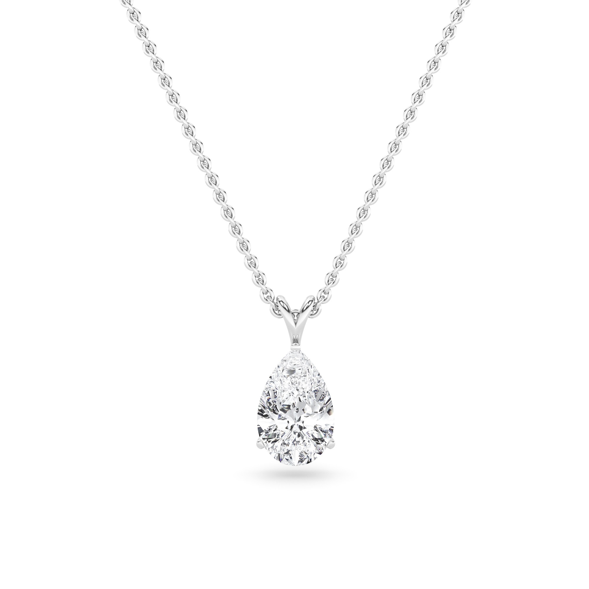 Classic Split Bale  4 Prong Pear Cut Lab Grown Diamond Solitaire Pendant Necklaces in 9K White Gold