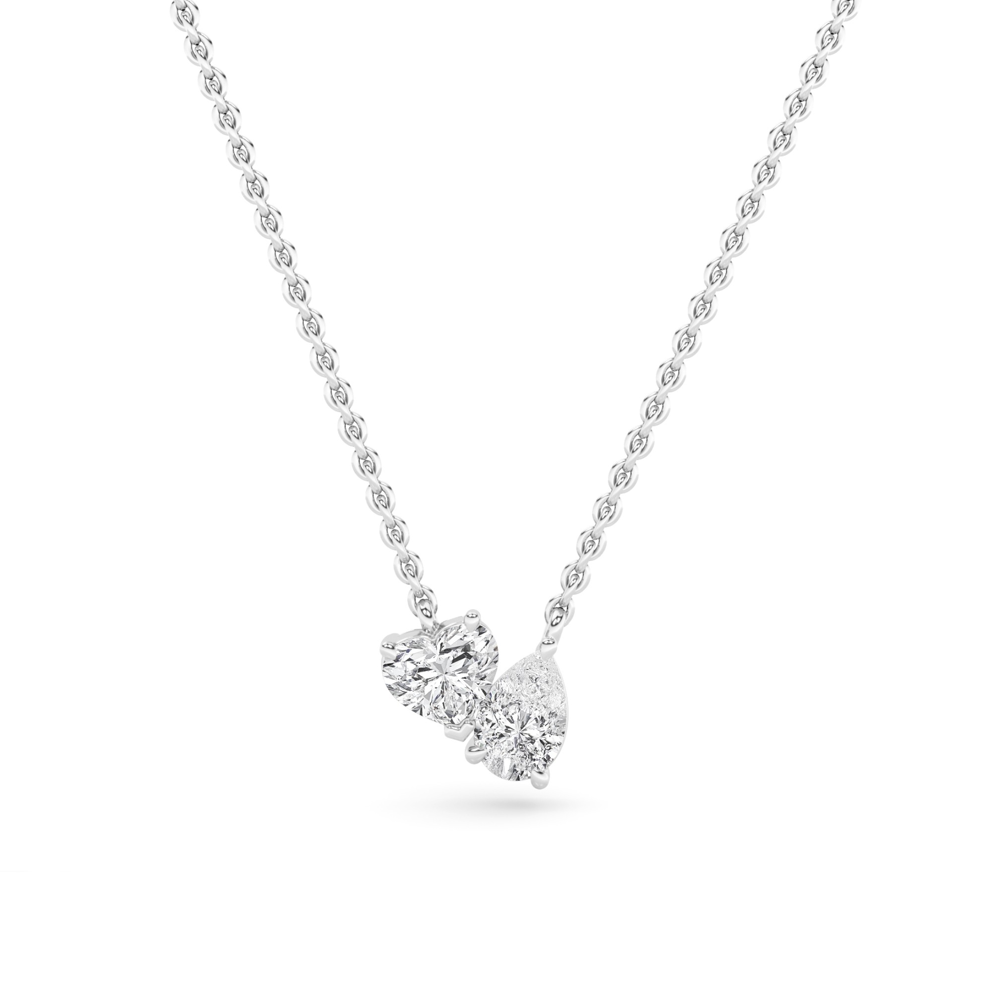 Toi Et Moi Style Prong Set Pear and Heart Cut Lab Grown Diamond Solitaire Pendant Necklaces in 9K White Gold