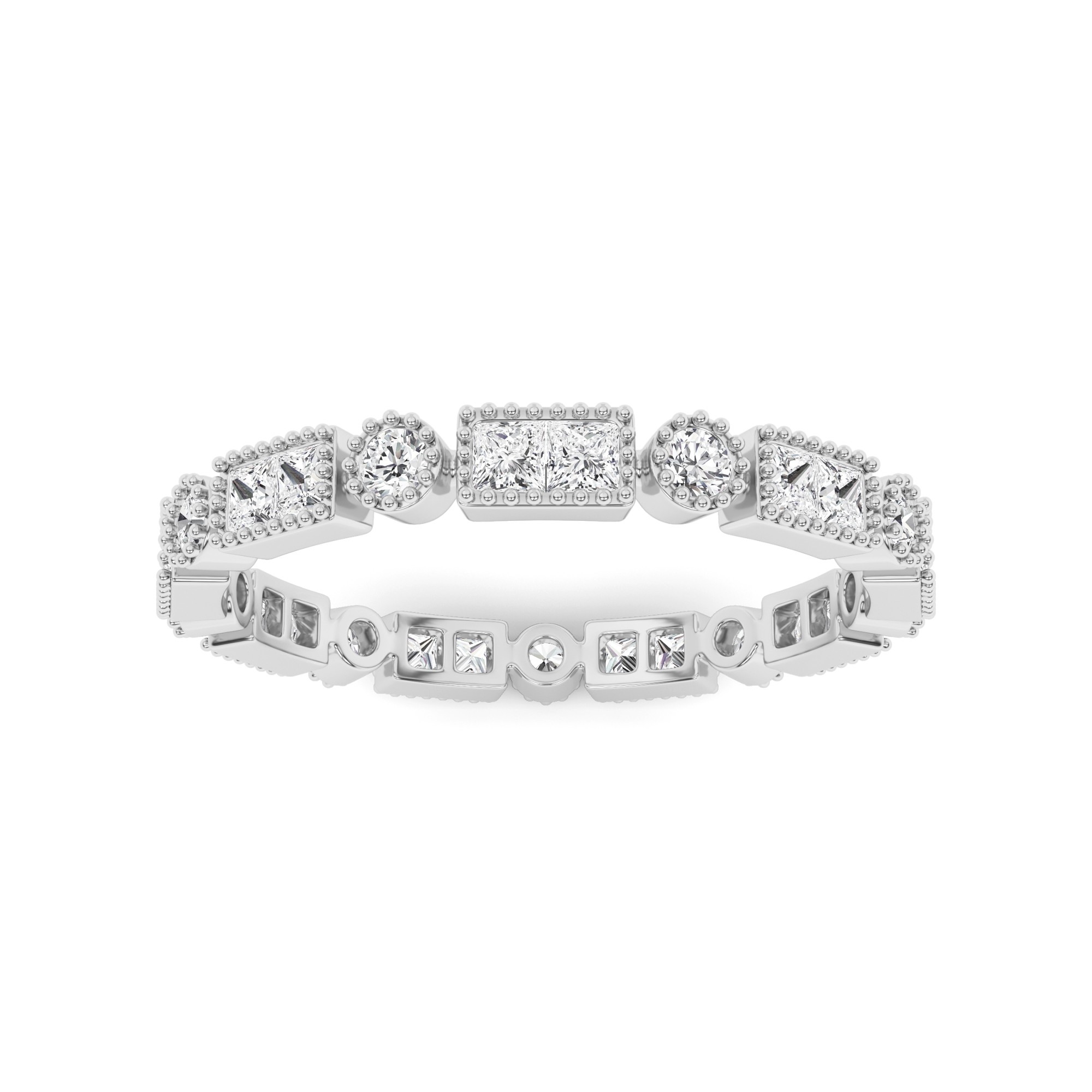 Classic Miligrain Pave Setting Round And Princess Full Eternity Ring In 9K White Gold