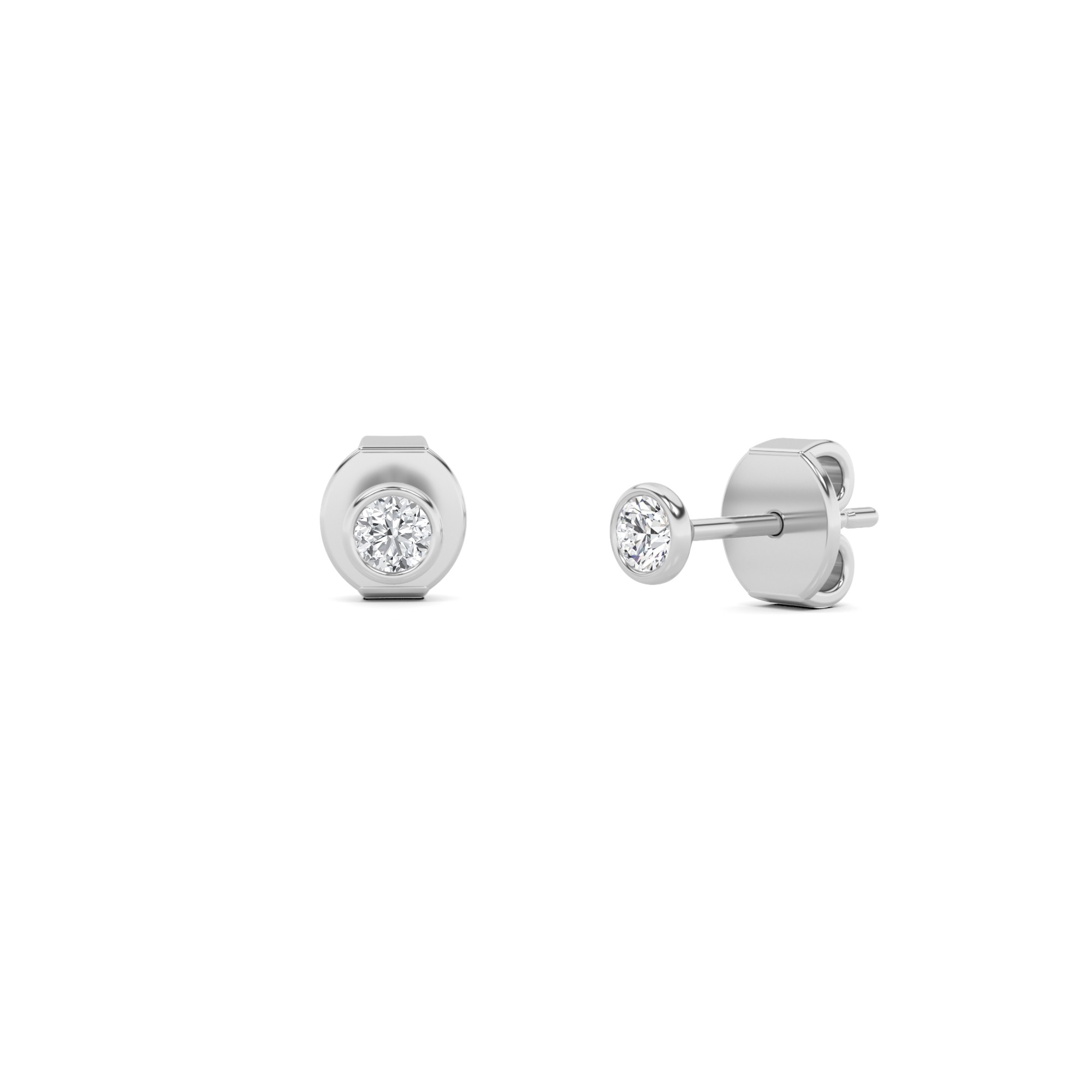 Small Round Cut Bezel Set Stud Earring In 9K White Gold