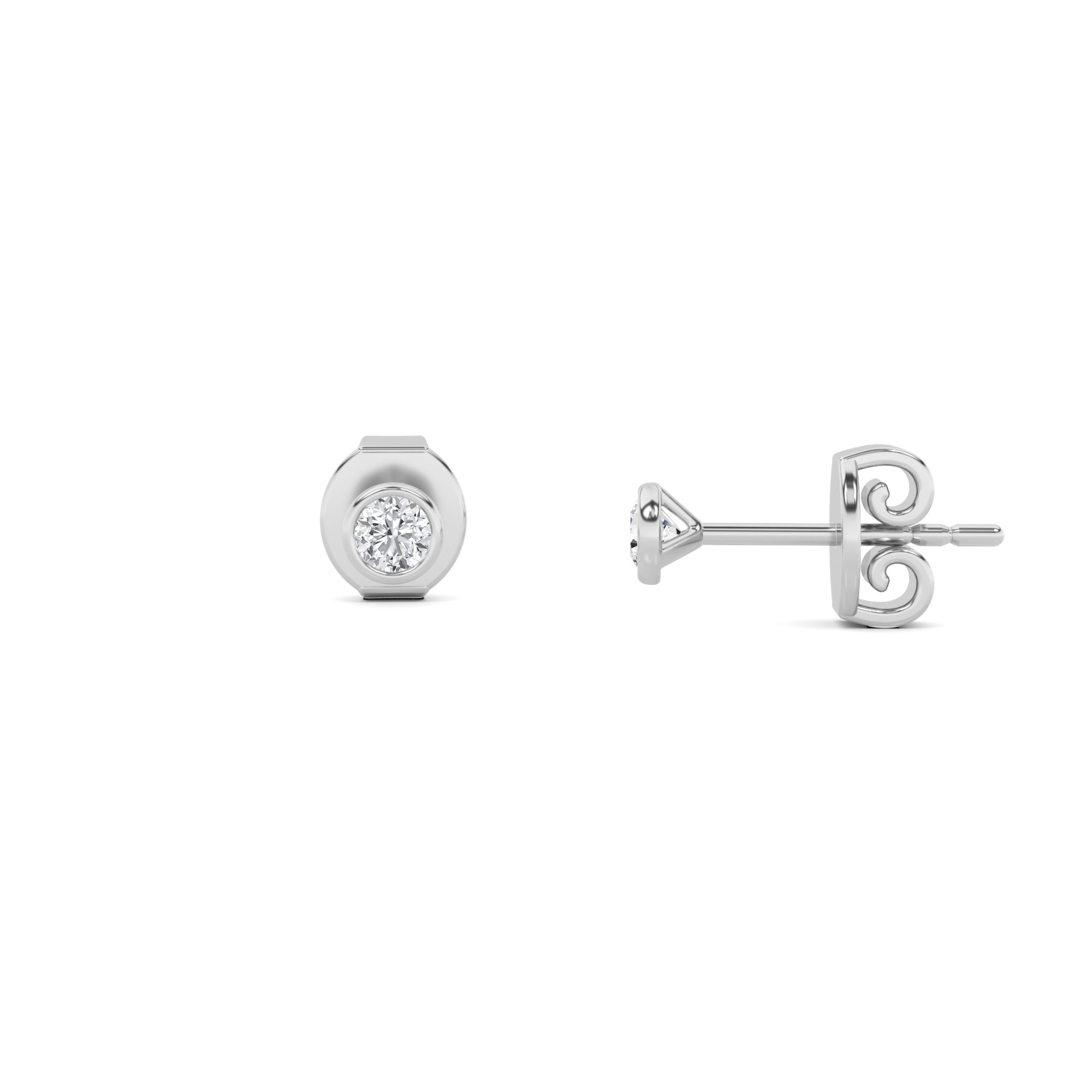 Small Round Cut Bezel Set Stud Earring In 9K White Gold