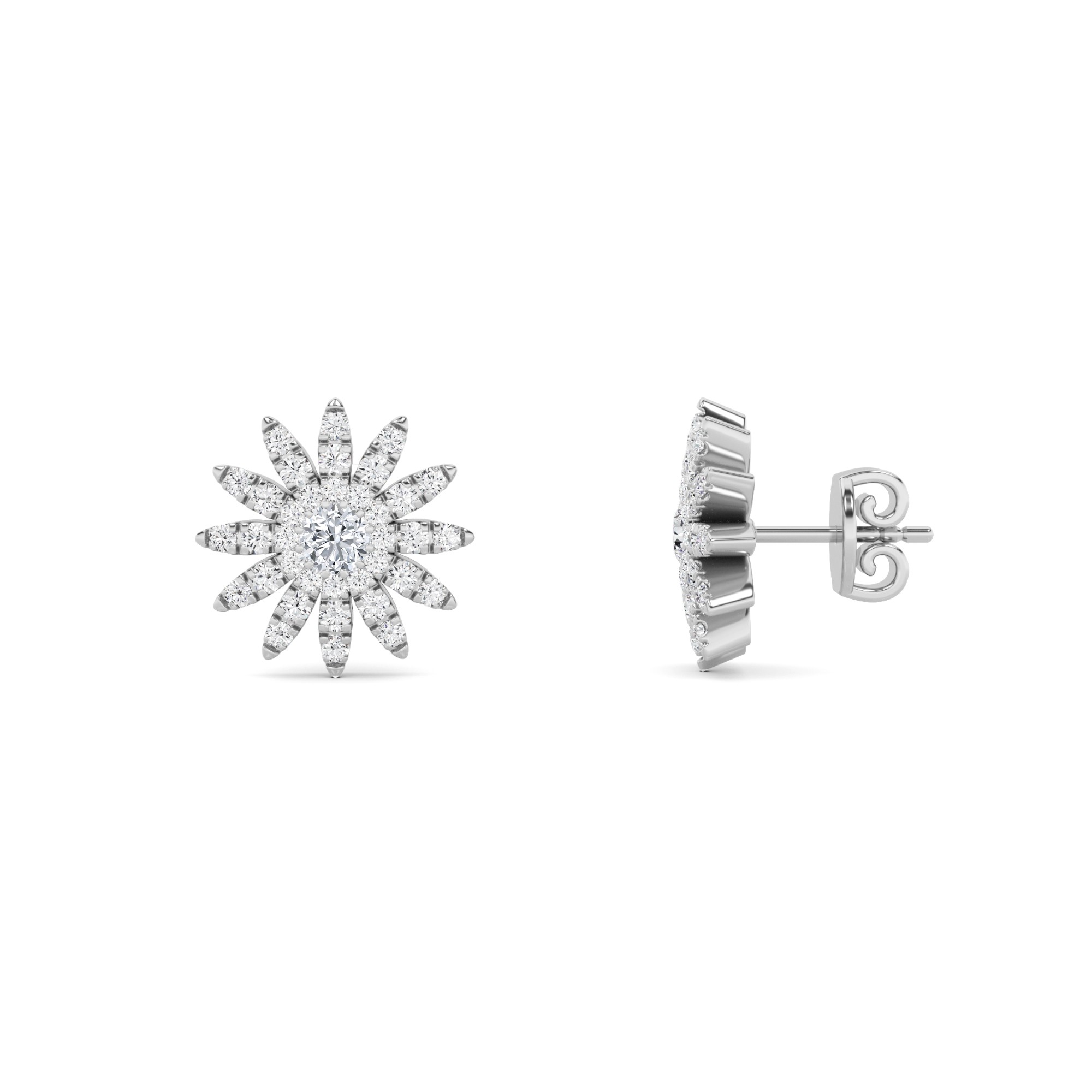 Beautifull 4 Prong Round Cut Flower Designer Earring In 9K White Gold