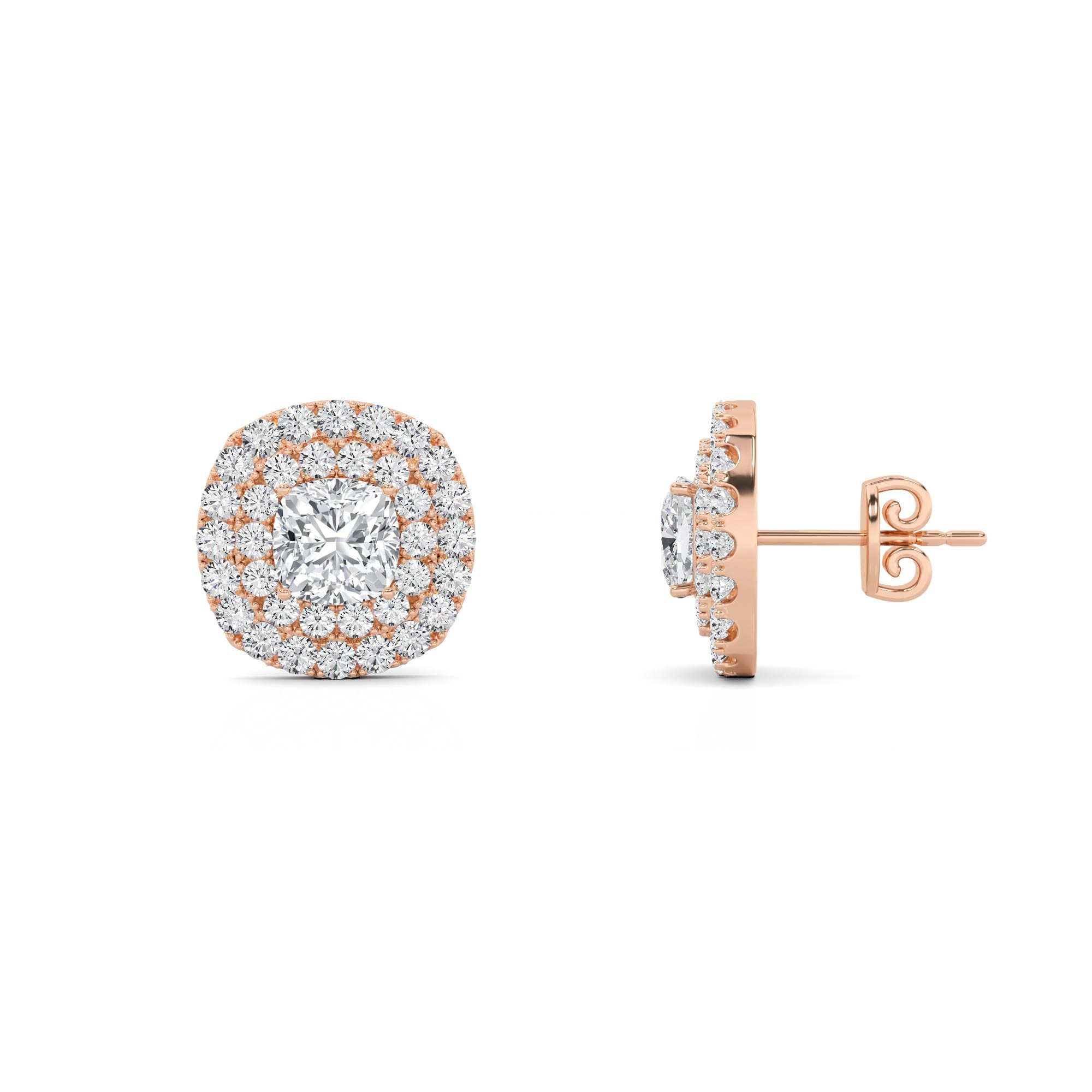Dazzling Double Halo  4 prong Cushion Cut Diamond Stud Push Back Earring in 9K Rose Gold