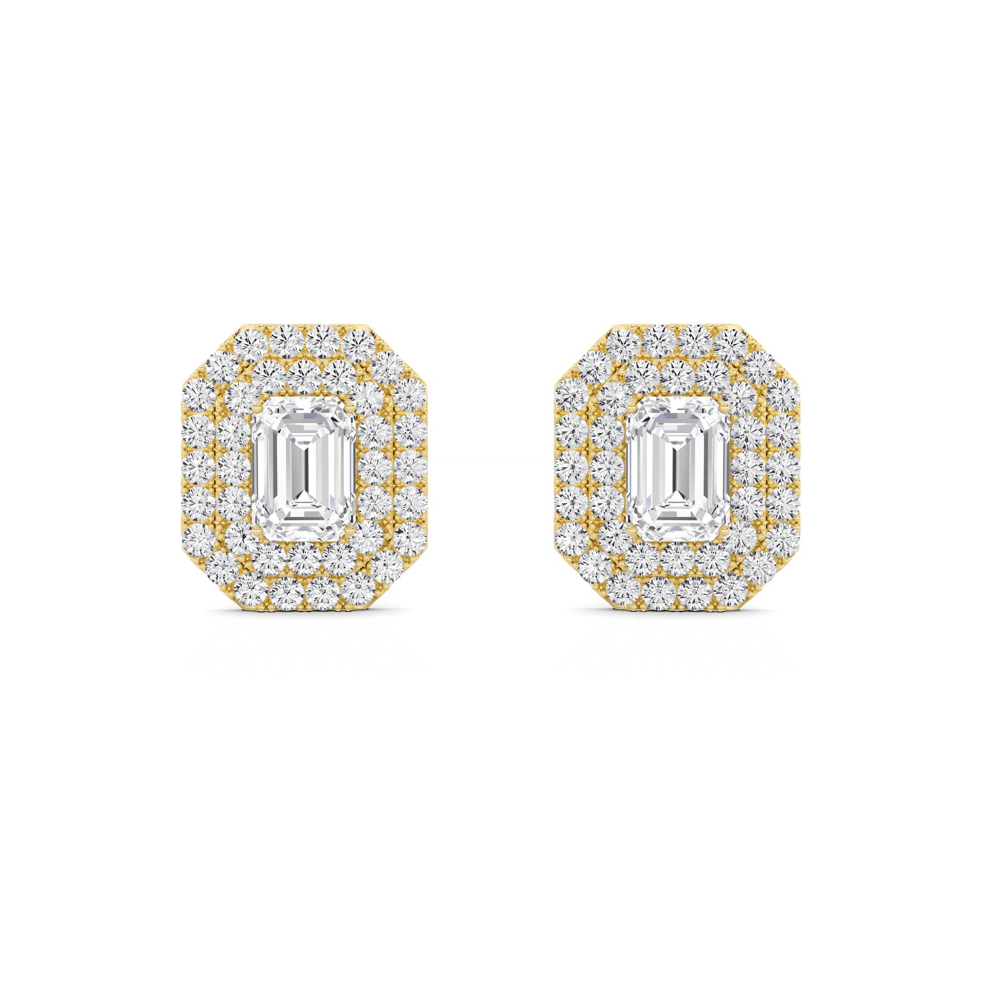 Dazzling Double Halo  4 prong Emerald Cut Diamond Stud Push Back Earring in 9K Yellow Gold