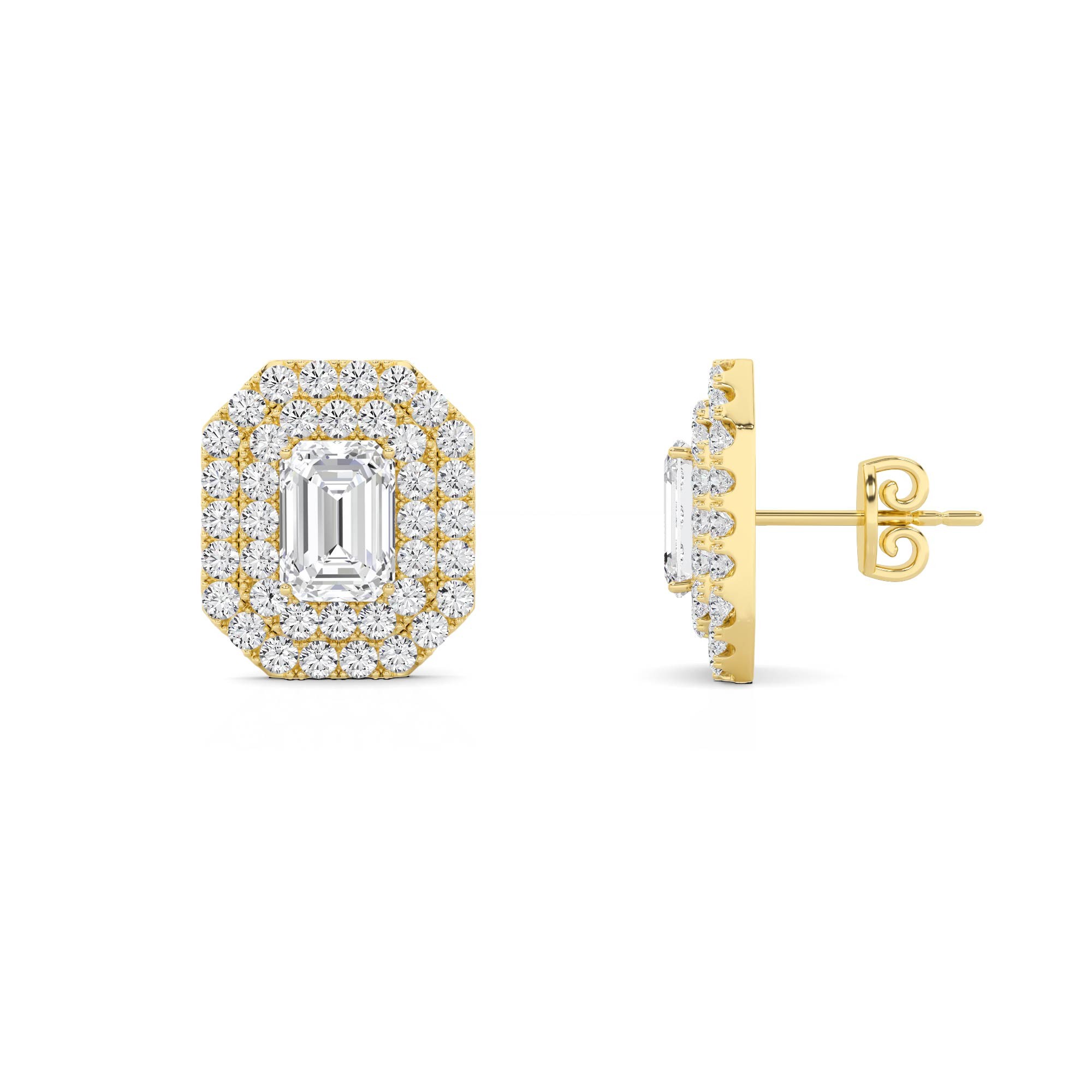 Dazzling Double Halo  4 prong Emerald Cut Diamond Stud Push Back Earring in 9K Yellow Gold