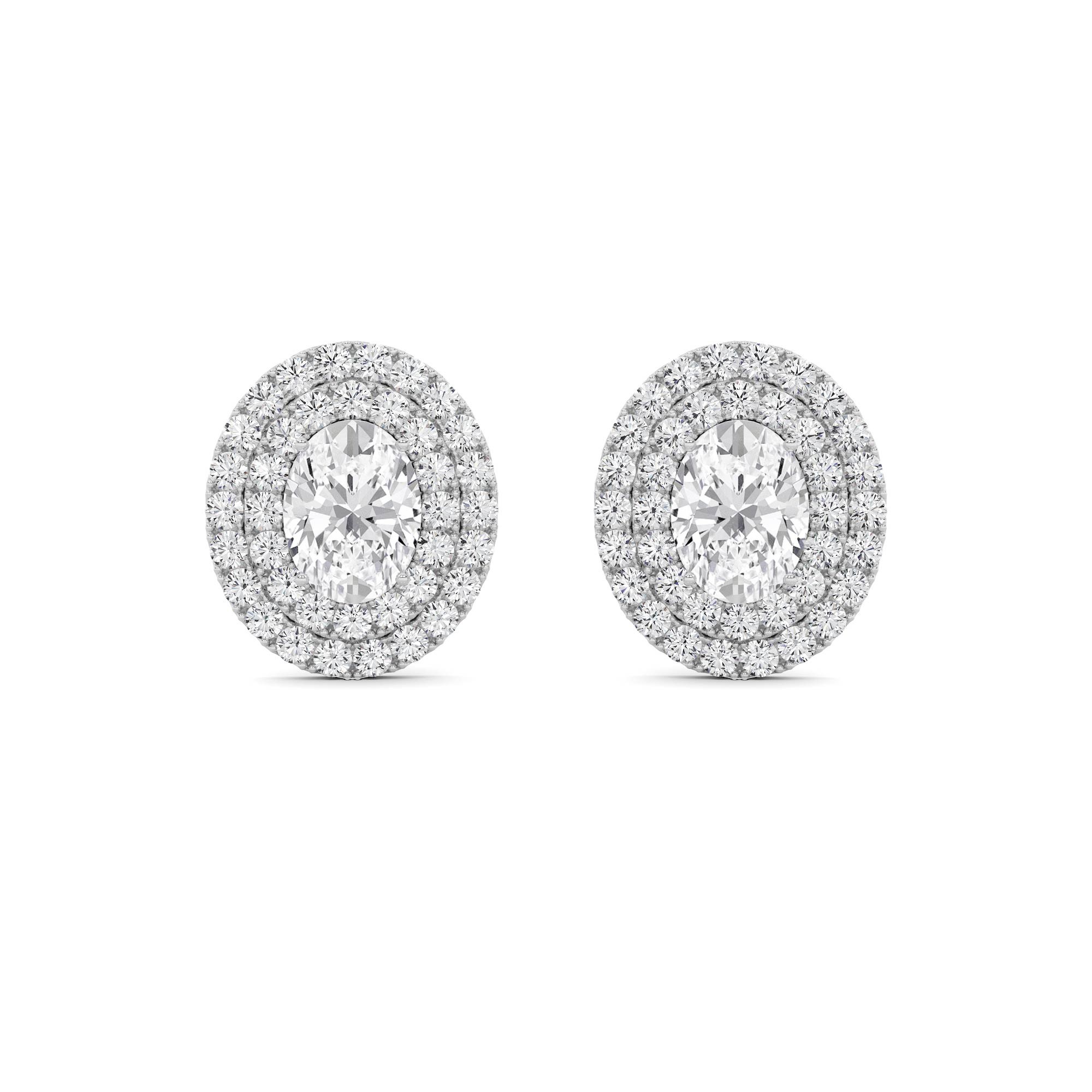 Dazzling Double Halo  4 prong Oval Cut Diamond Stud Push Back Earring in 9K White Gold