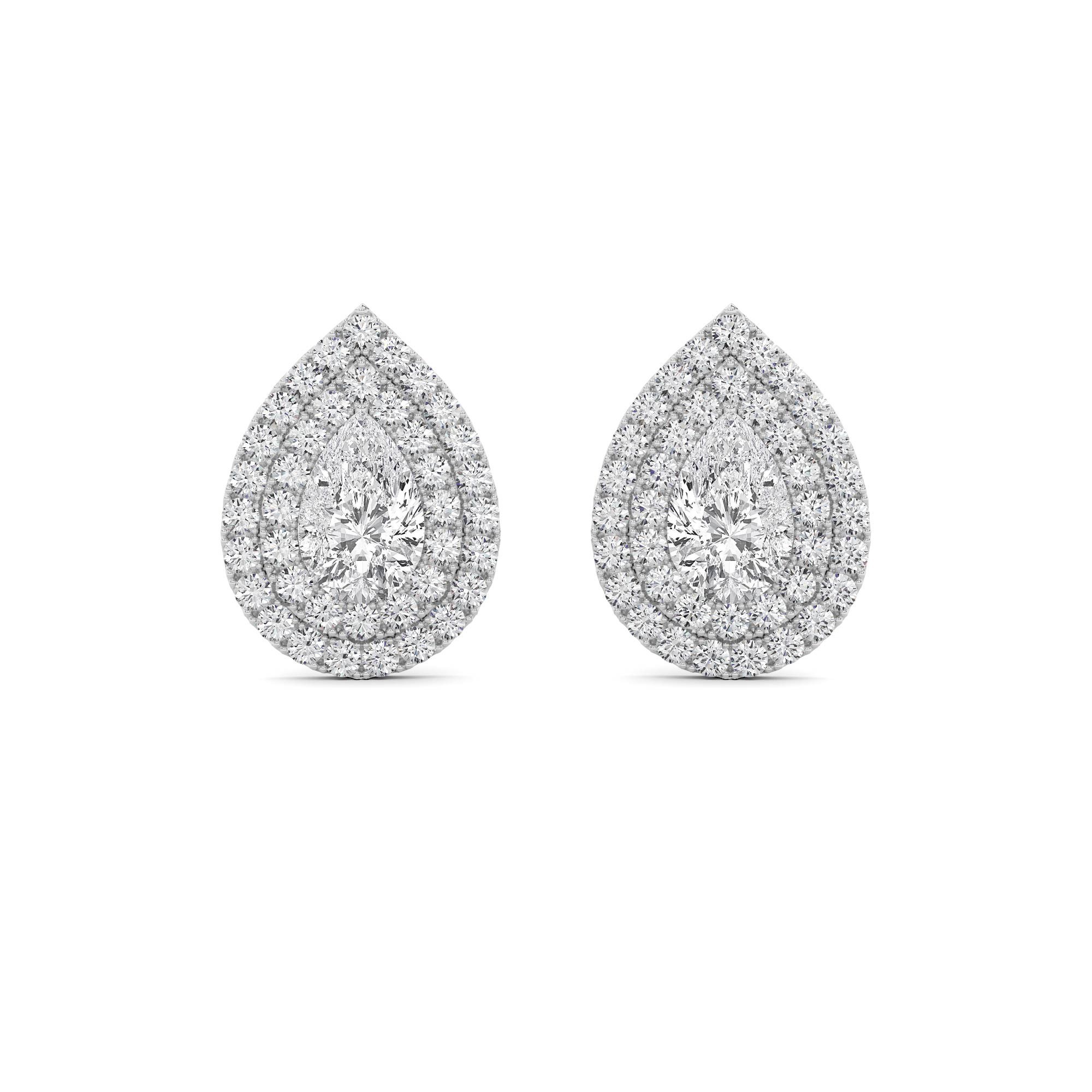 Dazzling Double Halo  4 prong Pear Cut Diamond Stud Push Back Earring in 9K White Gold