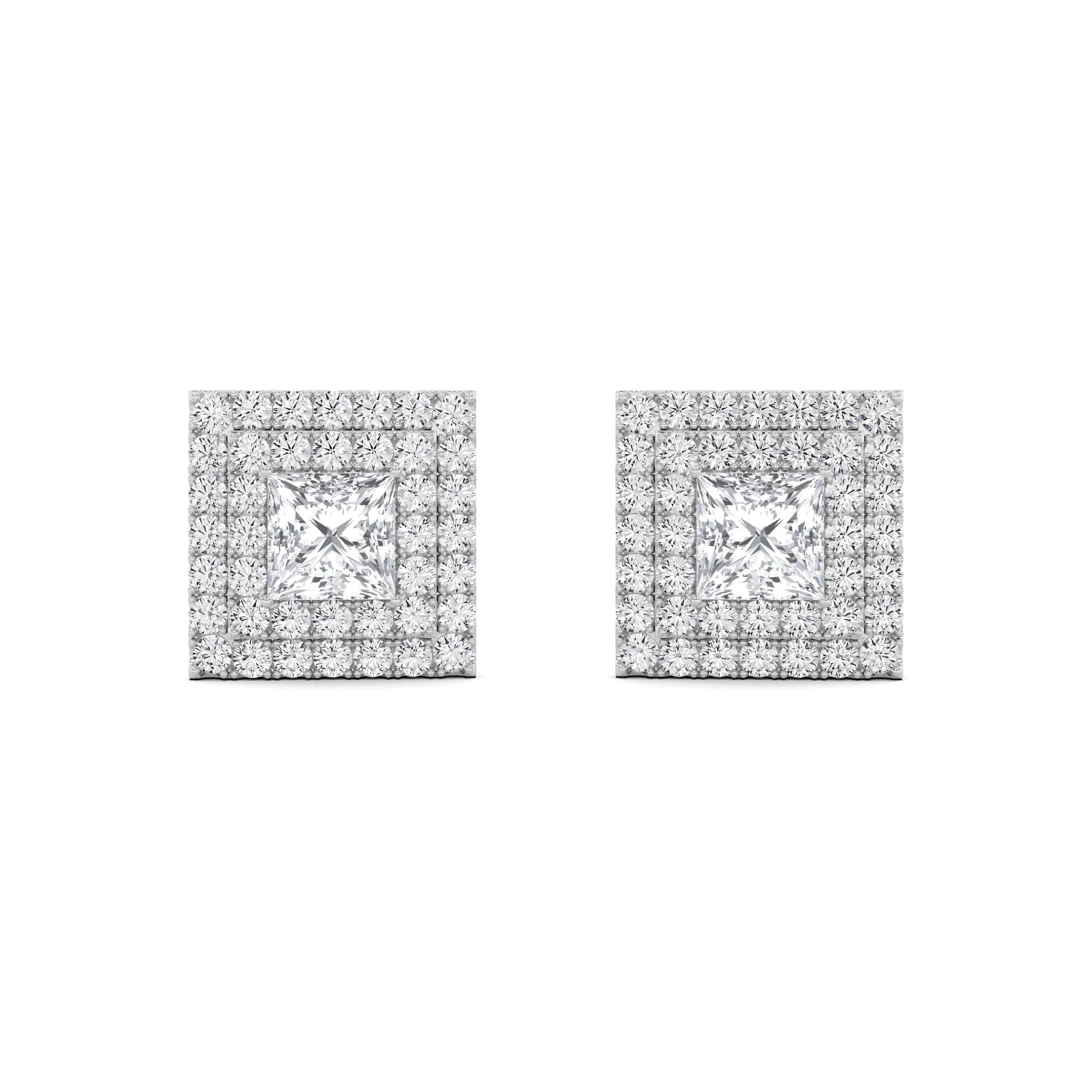 Dazzling Double Halo Princess Cut Diamond Stud Push Back Earring in 9K White Gold
