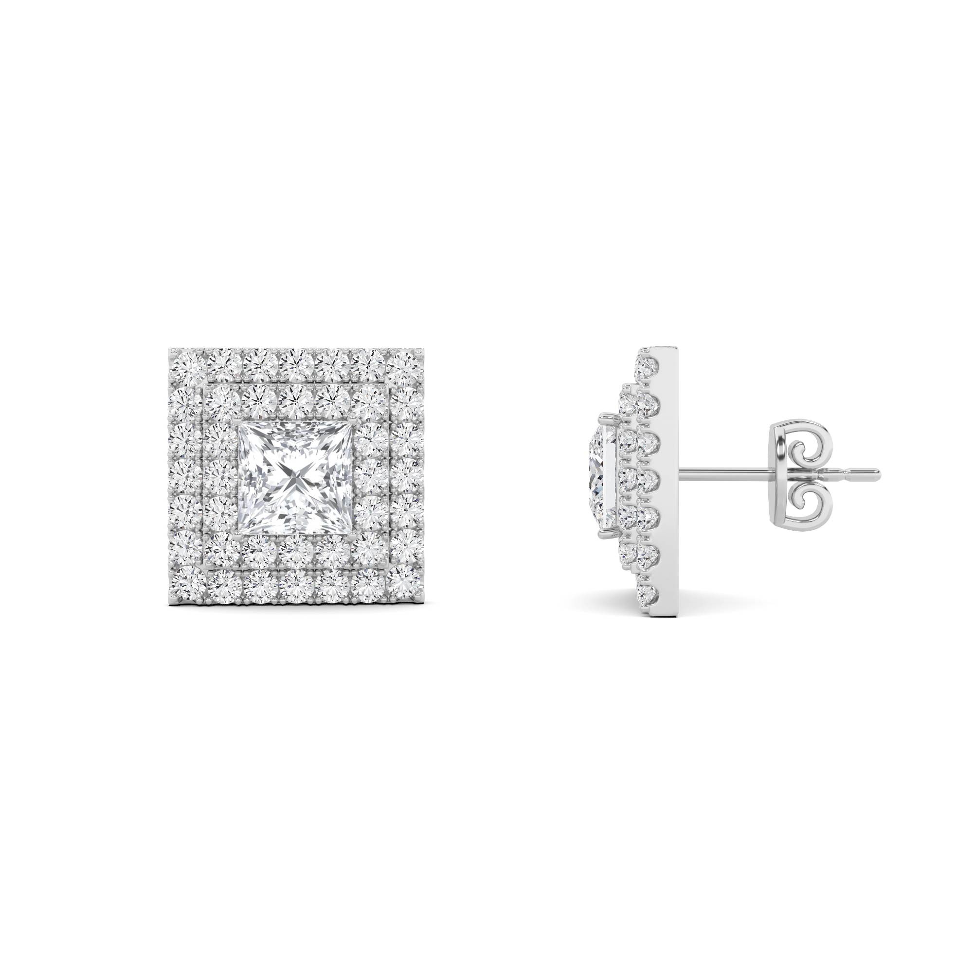 Dazzling Double Halo Princess Cut Diamond Stud Push Back Earring in 9K White Gold