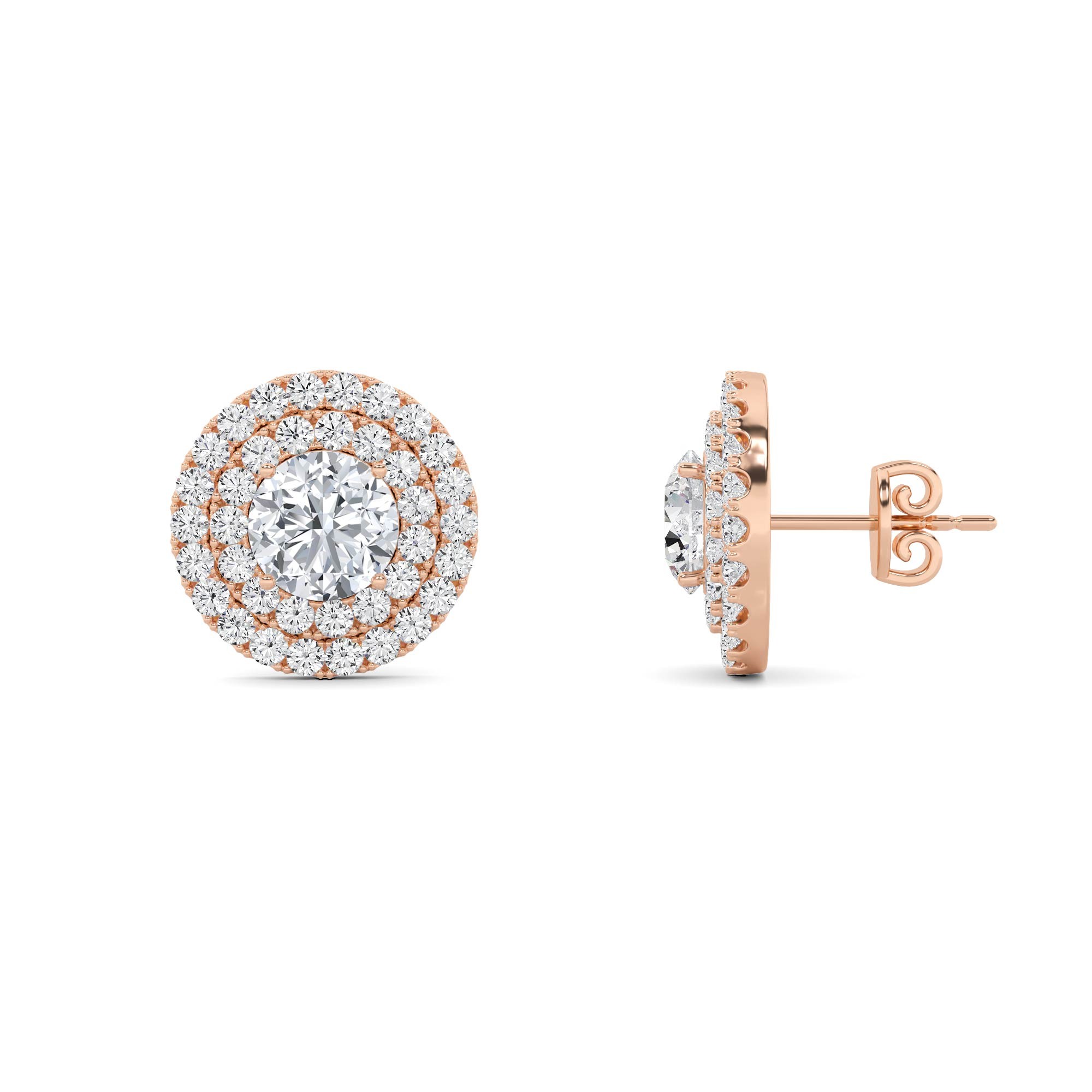 Dazzling Double Halo  4 prong Round Cut Diamond Stud Push Back Earring in 9K White Gold