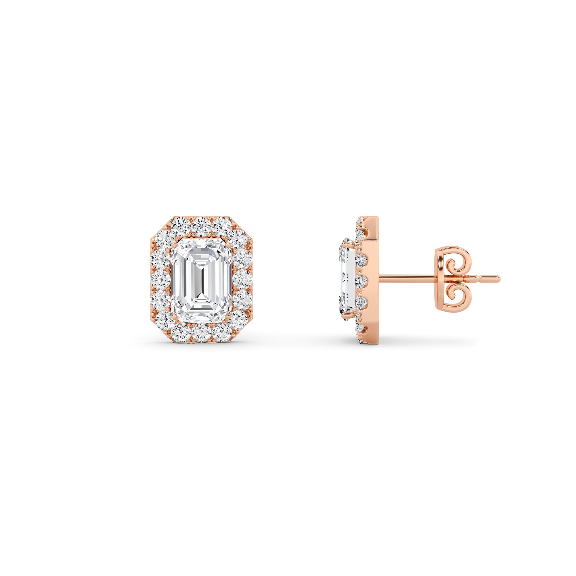 Modern Style Emerald Cut Diamond Halo Earring in 9K Rose Gold