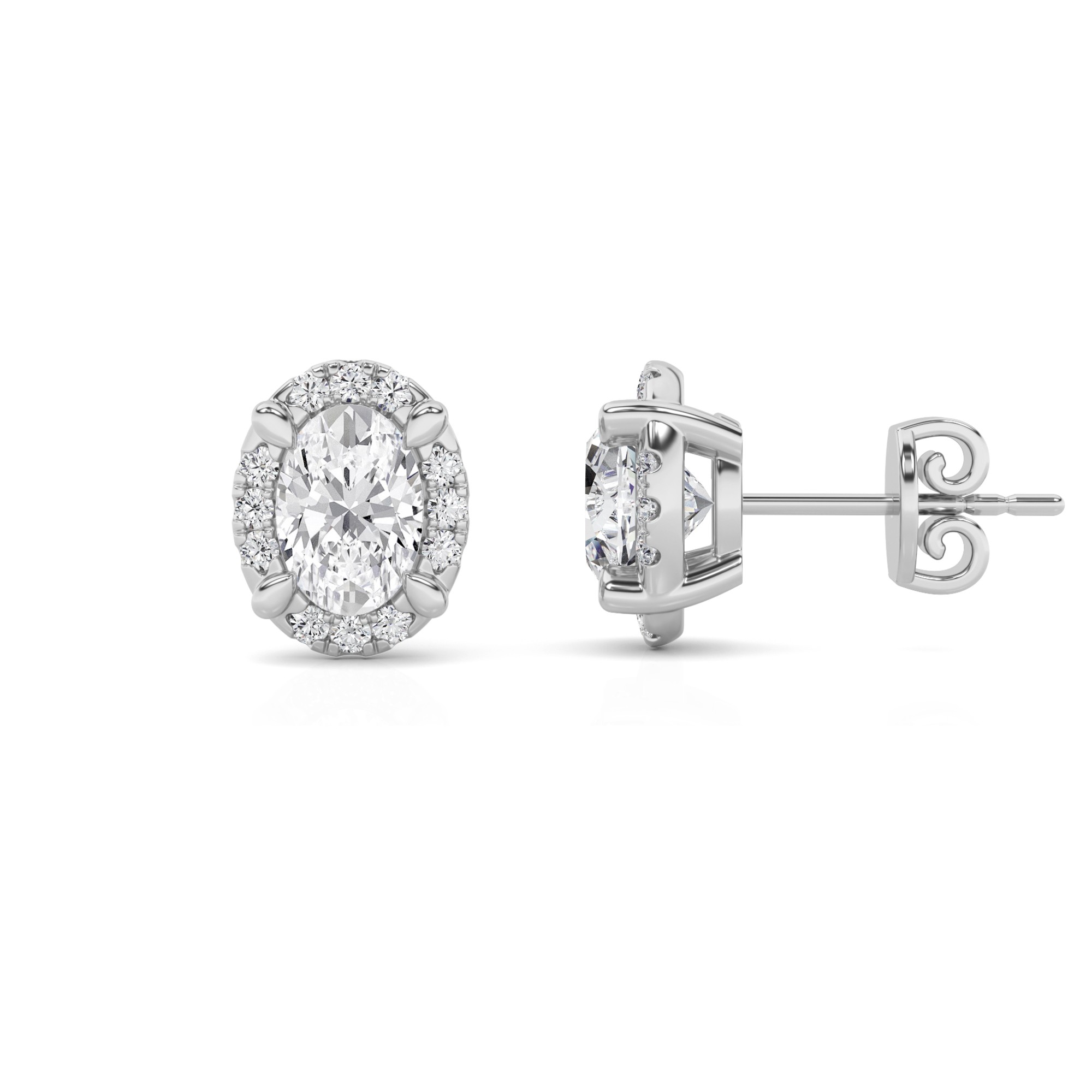 Classic Basket Style Oval Cut Diamond Halo Earring in 9K White Gold