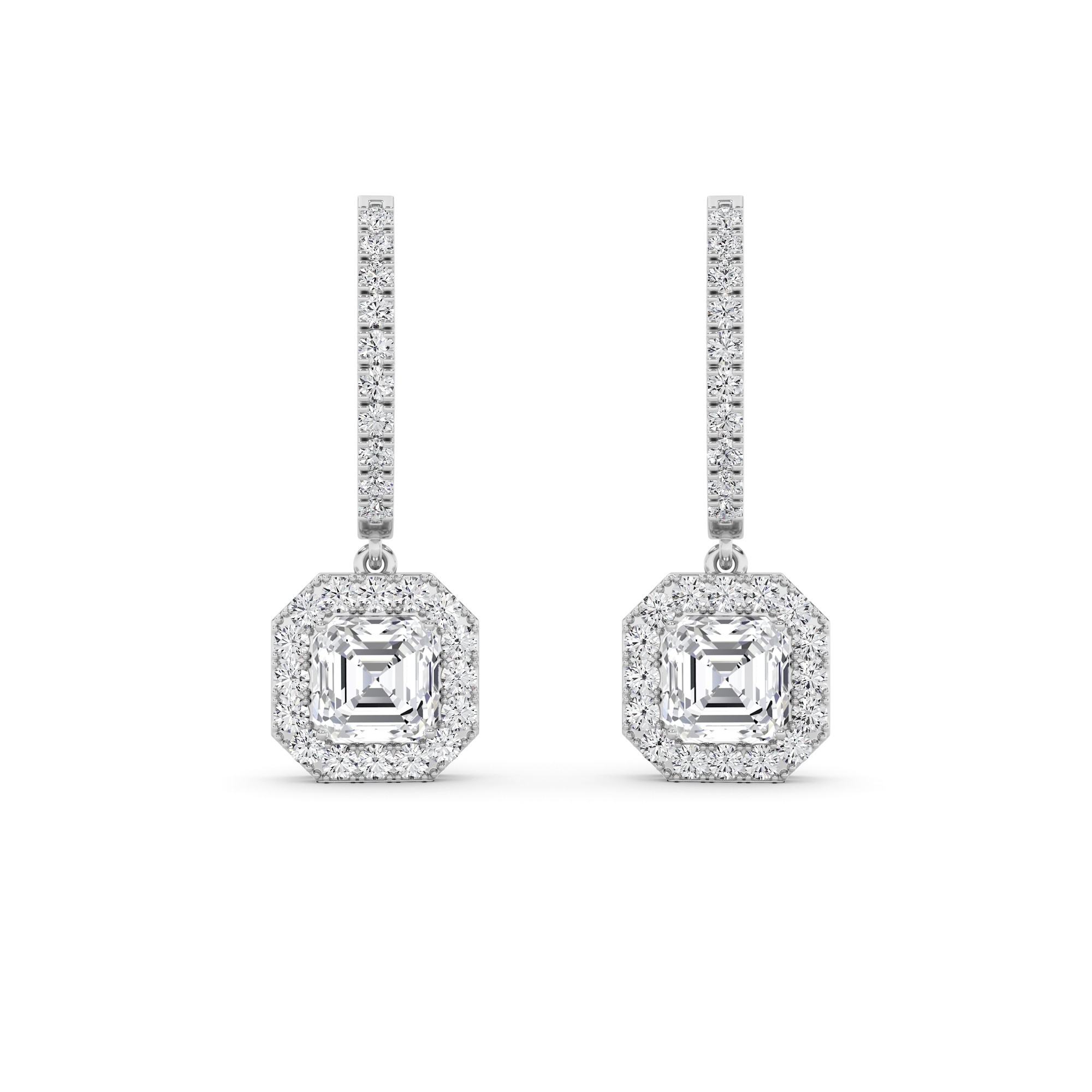Modern Drop Halo Asscher Cut Diamond Hoop Earring in 9K White Gold