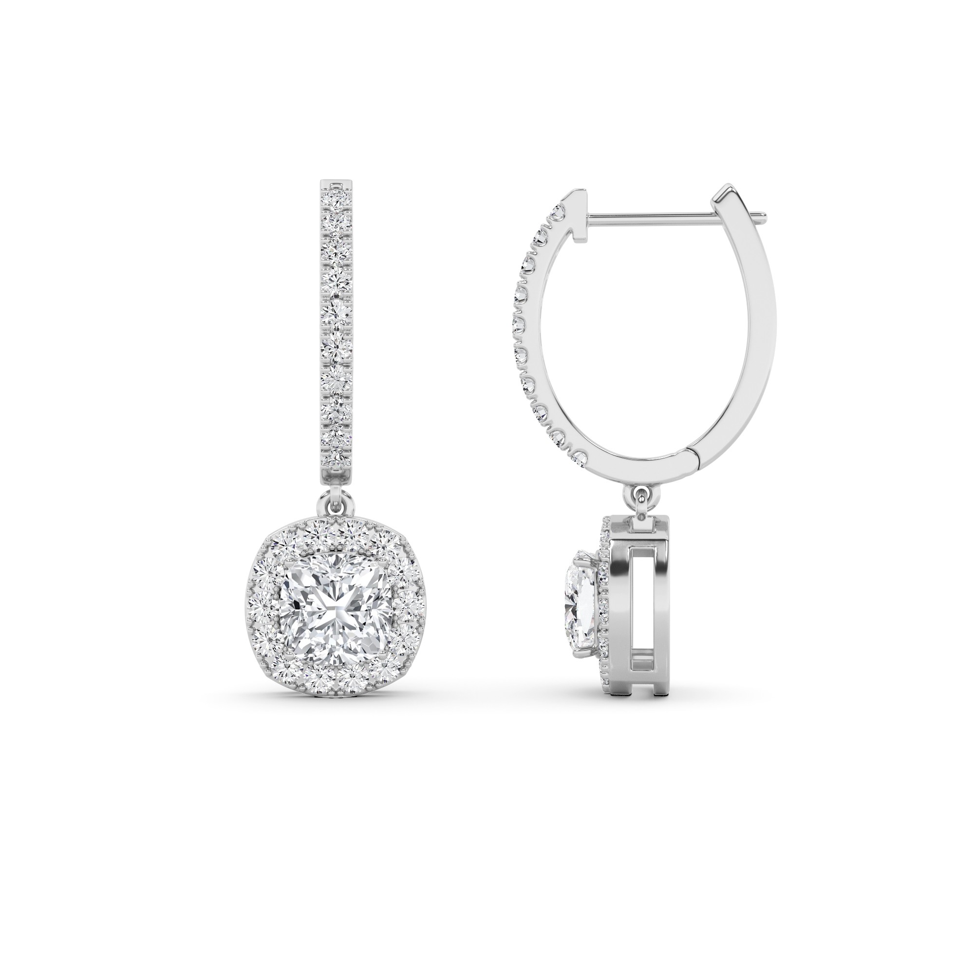 Modern Drop Halo Cushion Cut Diamond Hoop Earring in 9K White Gold