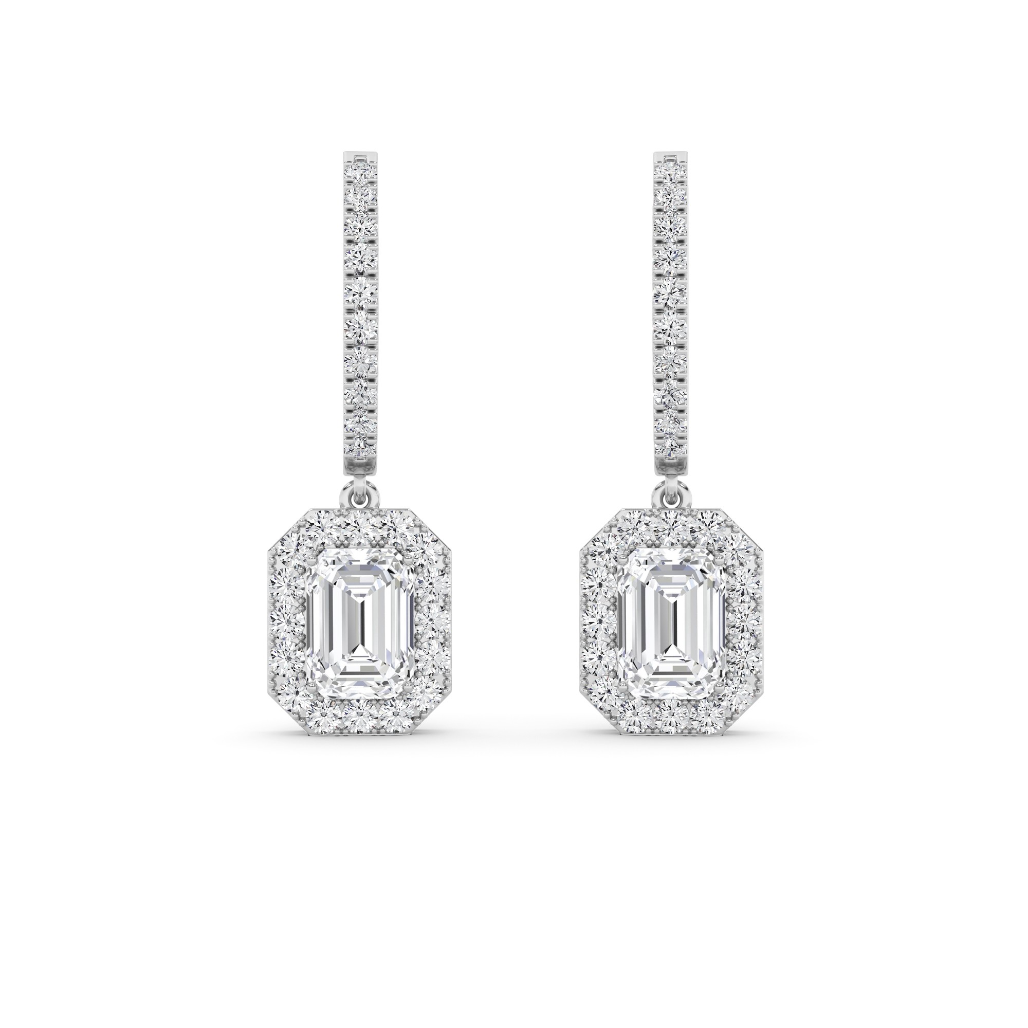 Modern Drop Halo Emerald Cut Diamond Hoop Earring in 9K White Gold
