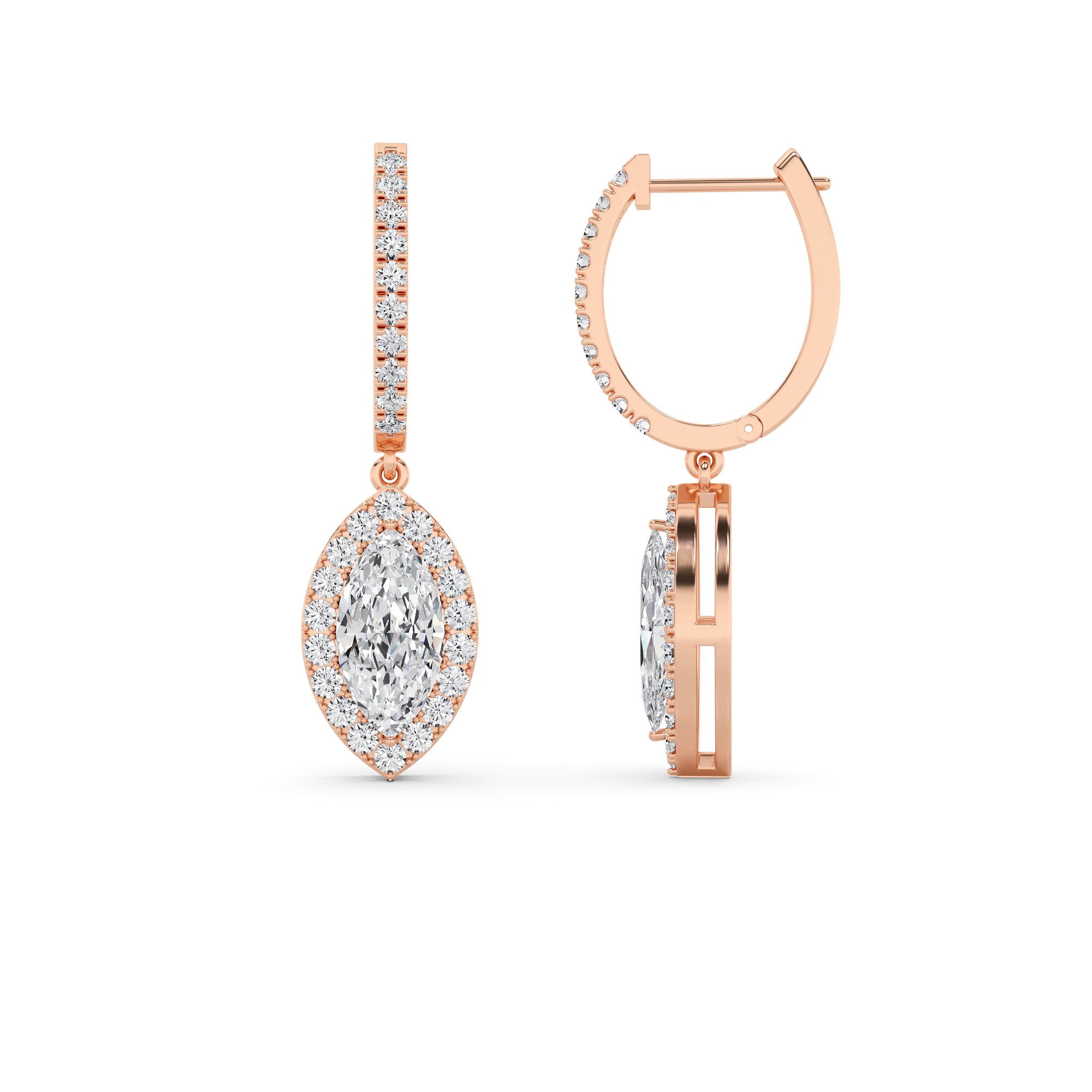 Modern Drop Halo Marquise Cut Diamond Hoop Earring in 9K Rose Gold