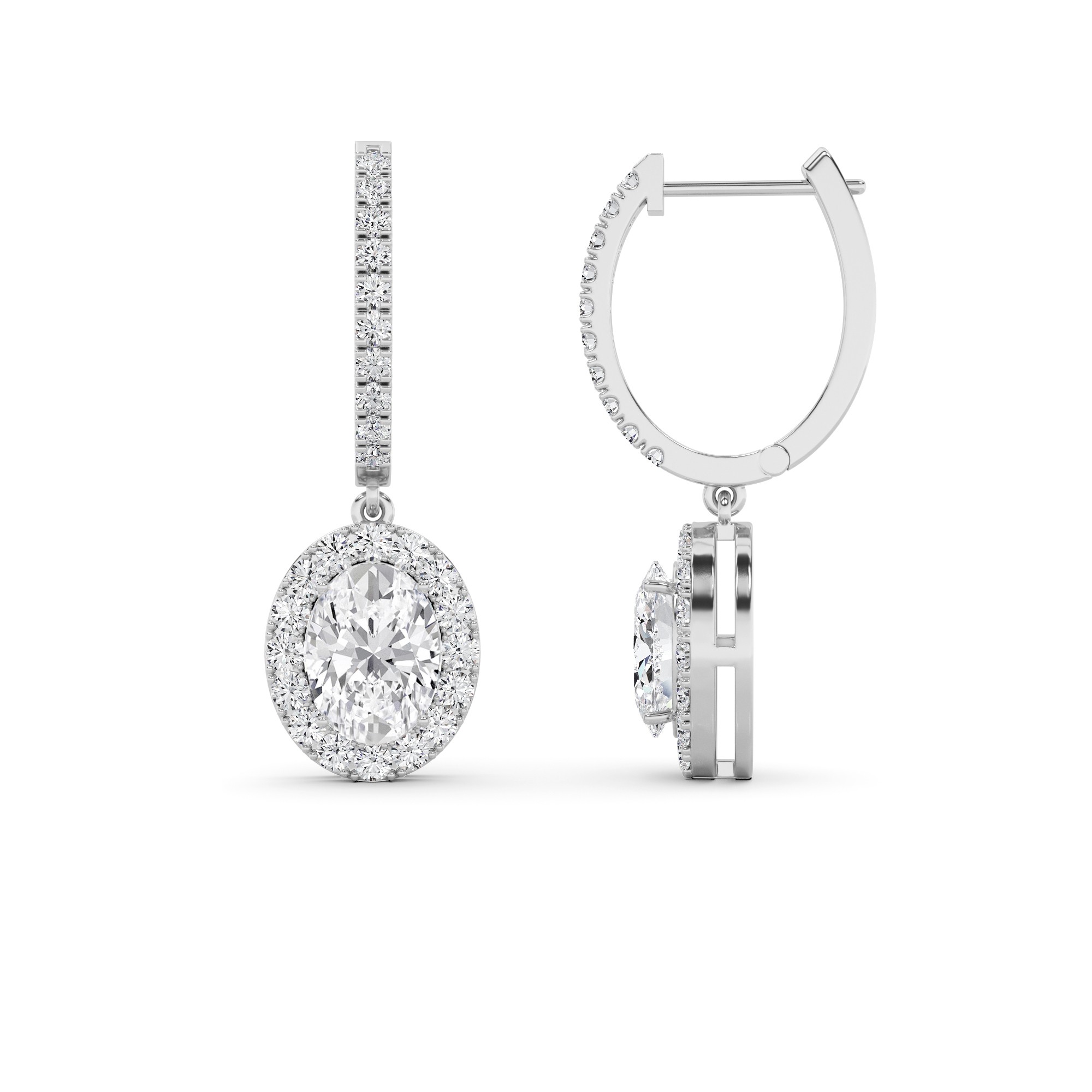 Modern Drop Halo Oval Cut Diamond Hoop Earring in 9K White Gold