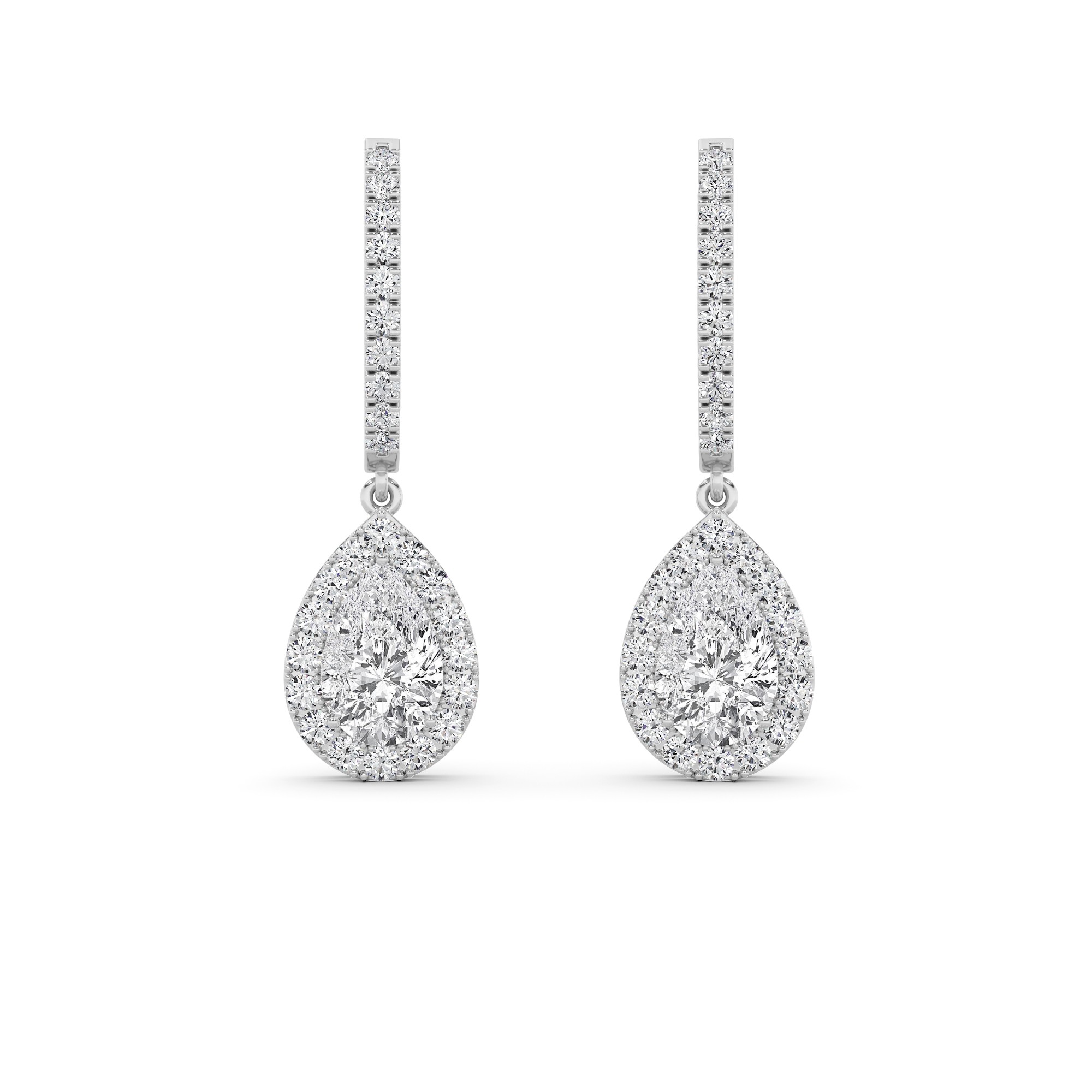 Modern Drop Halo Pear Cut Diamond Hoop Earring in 9K White Gold
