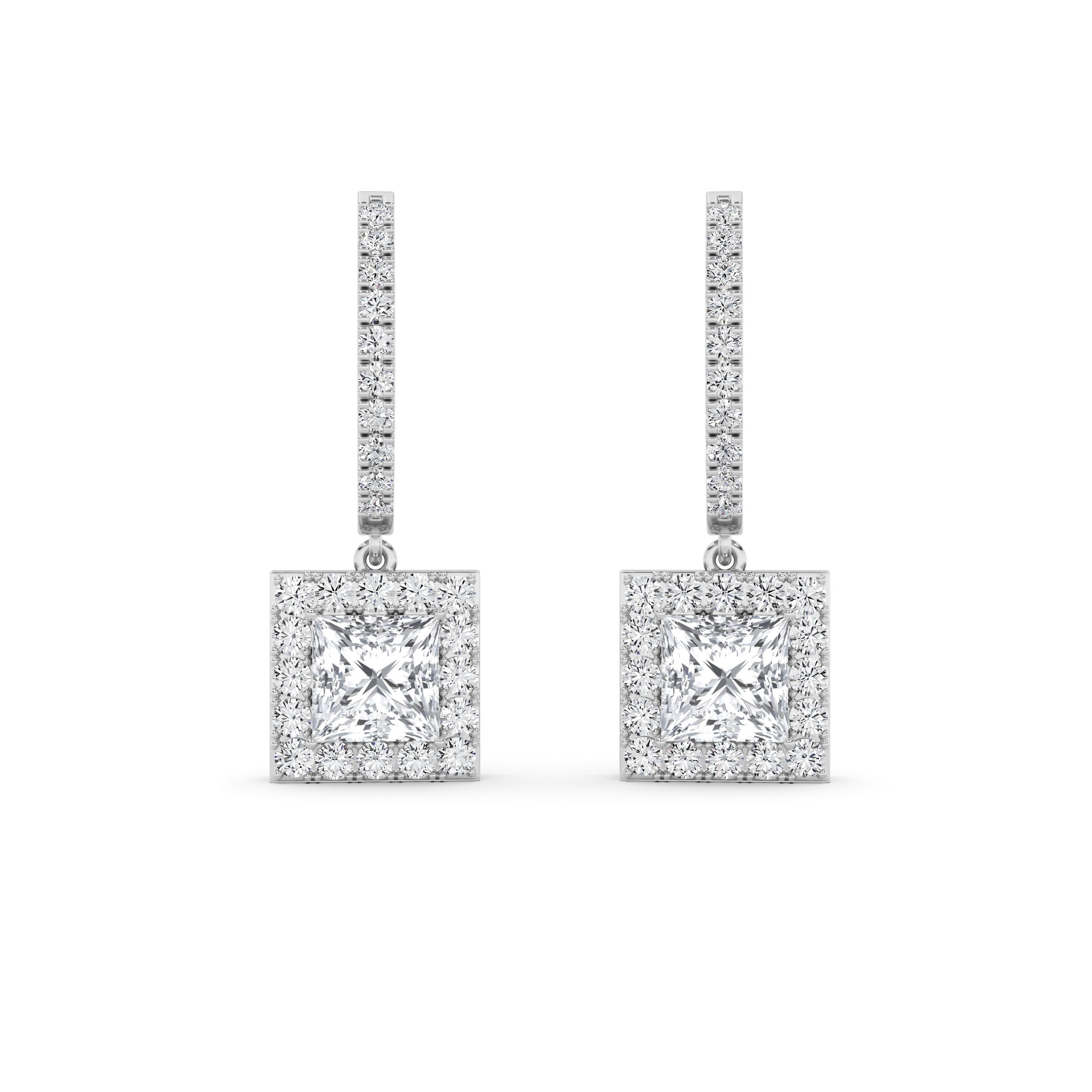 Modern Drop Halo Princess Cut Diamond Hoop Earring in 9K White Gold