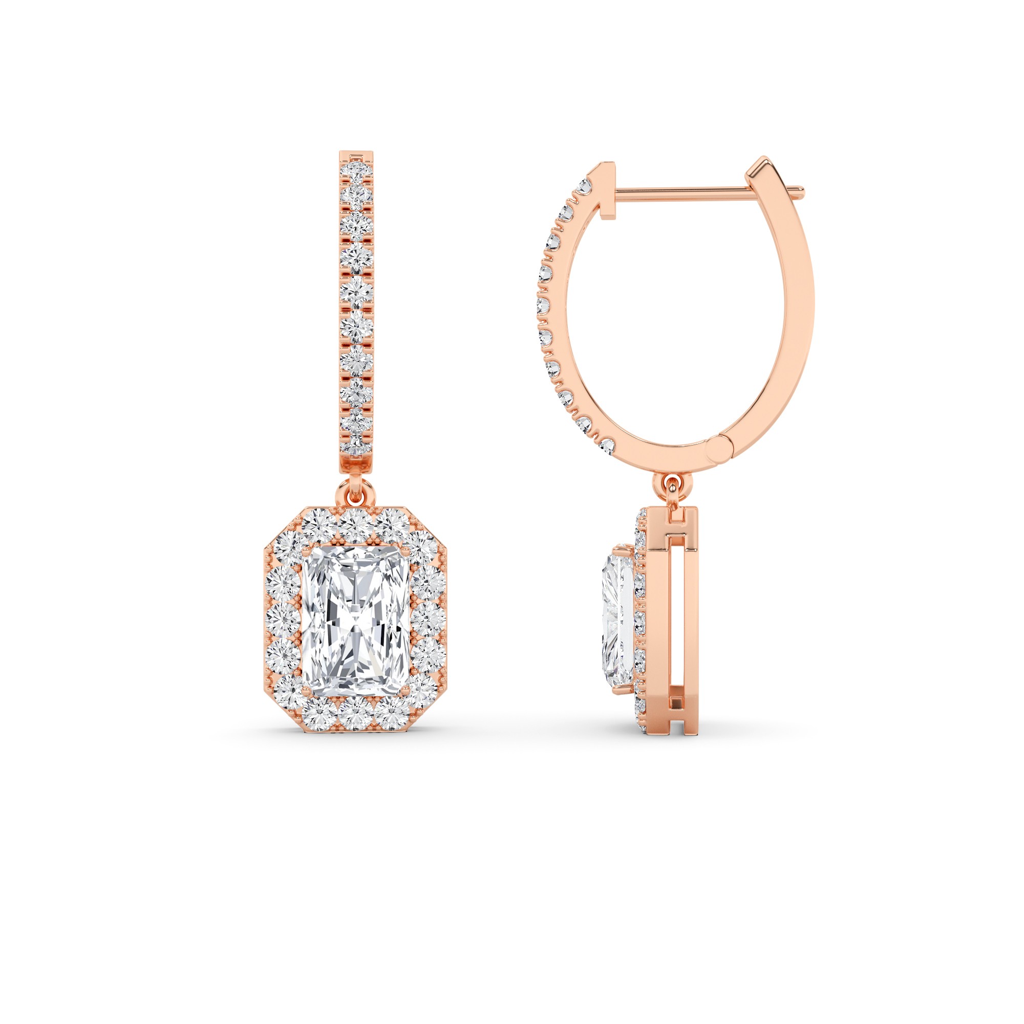 Modern Drop Halo Radiant Cut Diamond Hoop Earring in 9K Rose Gold