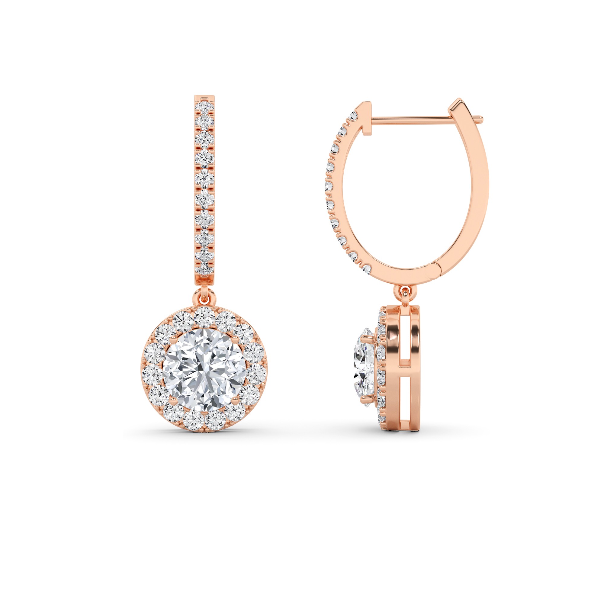 Modern Drop Halo Round Cut Diamond Hoop Earring in 9K White Gold