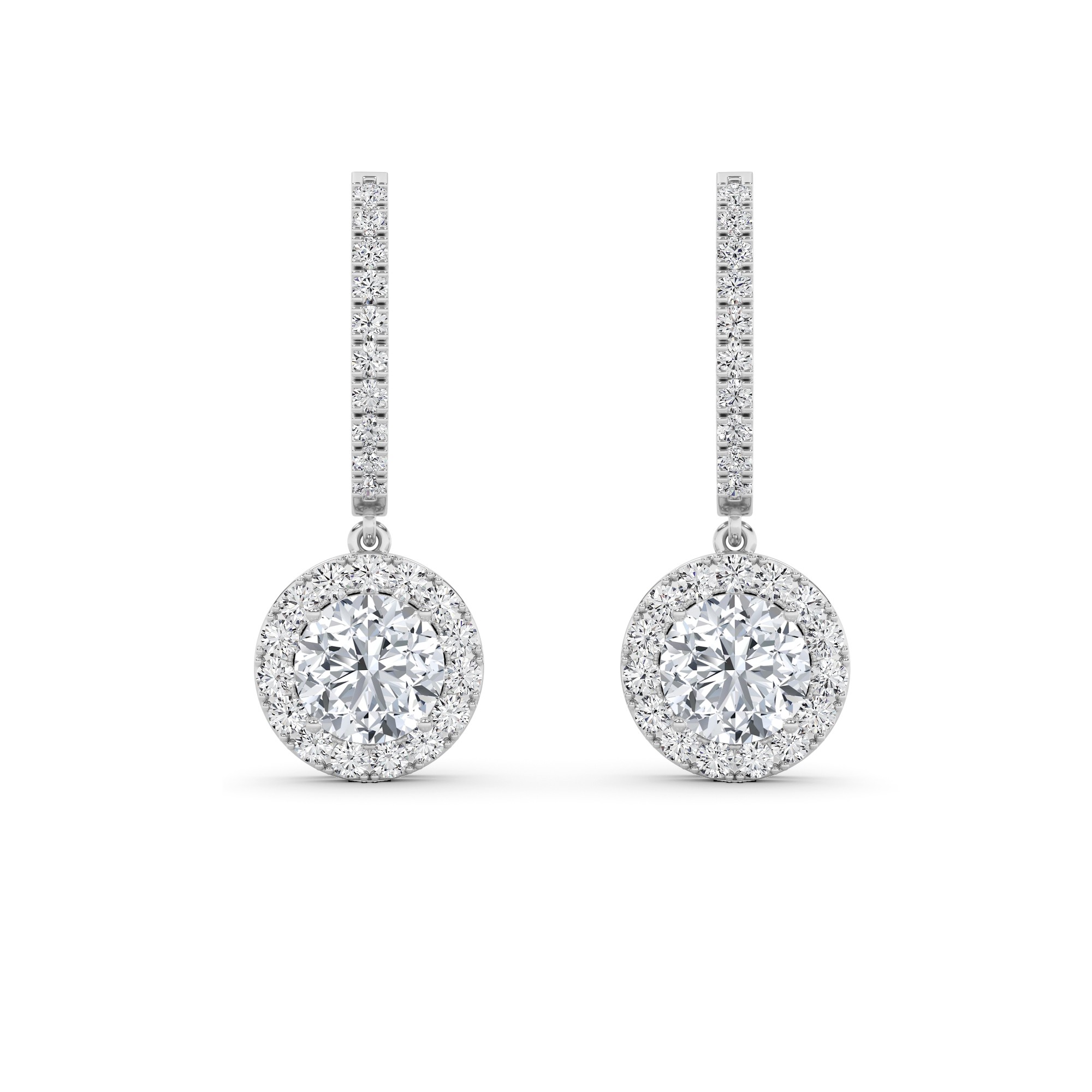 Modern Drop Halo Round Cut Diamond Hoop Earring in 9K White Gold