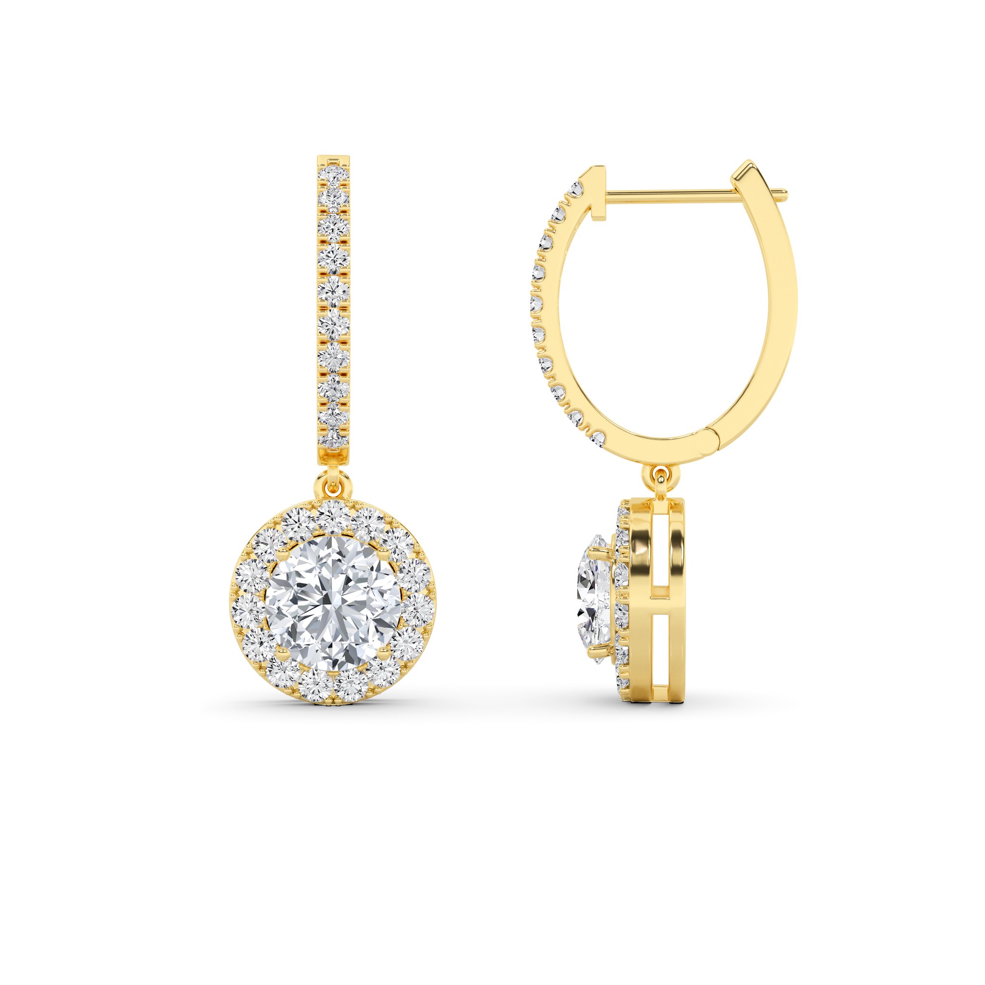 Modern Drop Halo Round Cut Diamond Hoop Earring in 9K White Gold