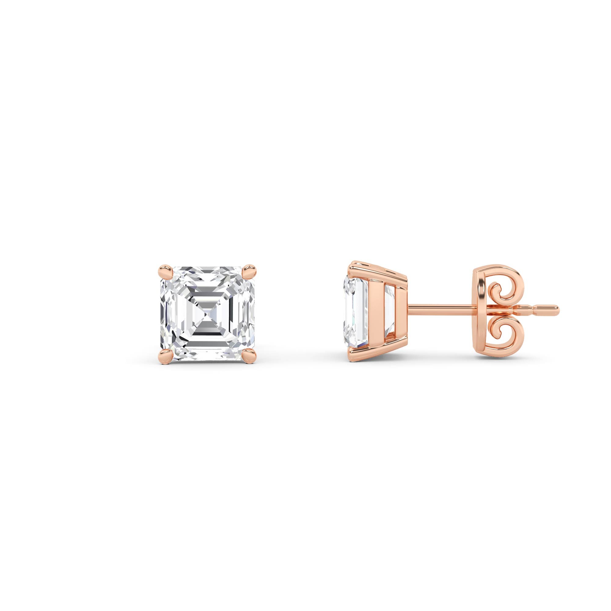 Classic Prong Set Asscher Diamond Stud Earring in 9K Rose Gold Push Back