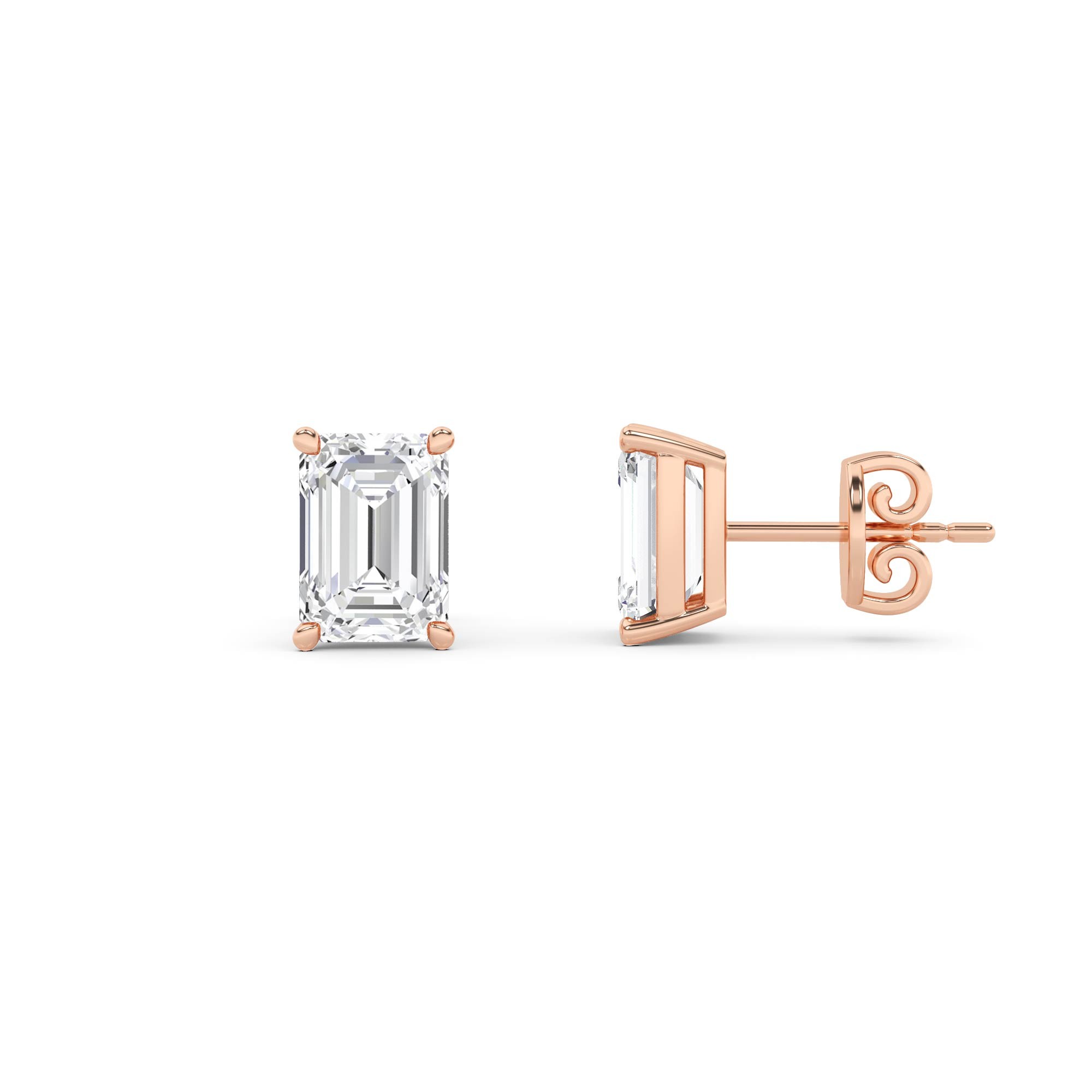 Classic Prong Set Emerald Diamond Stud Earring in 9K Rose Gold Push Back