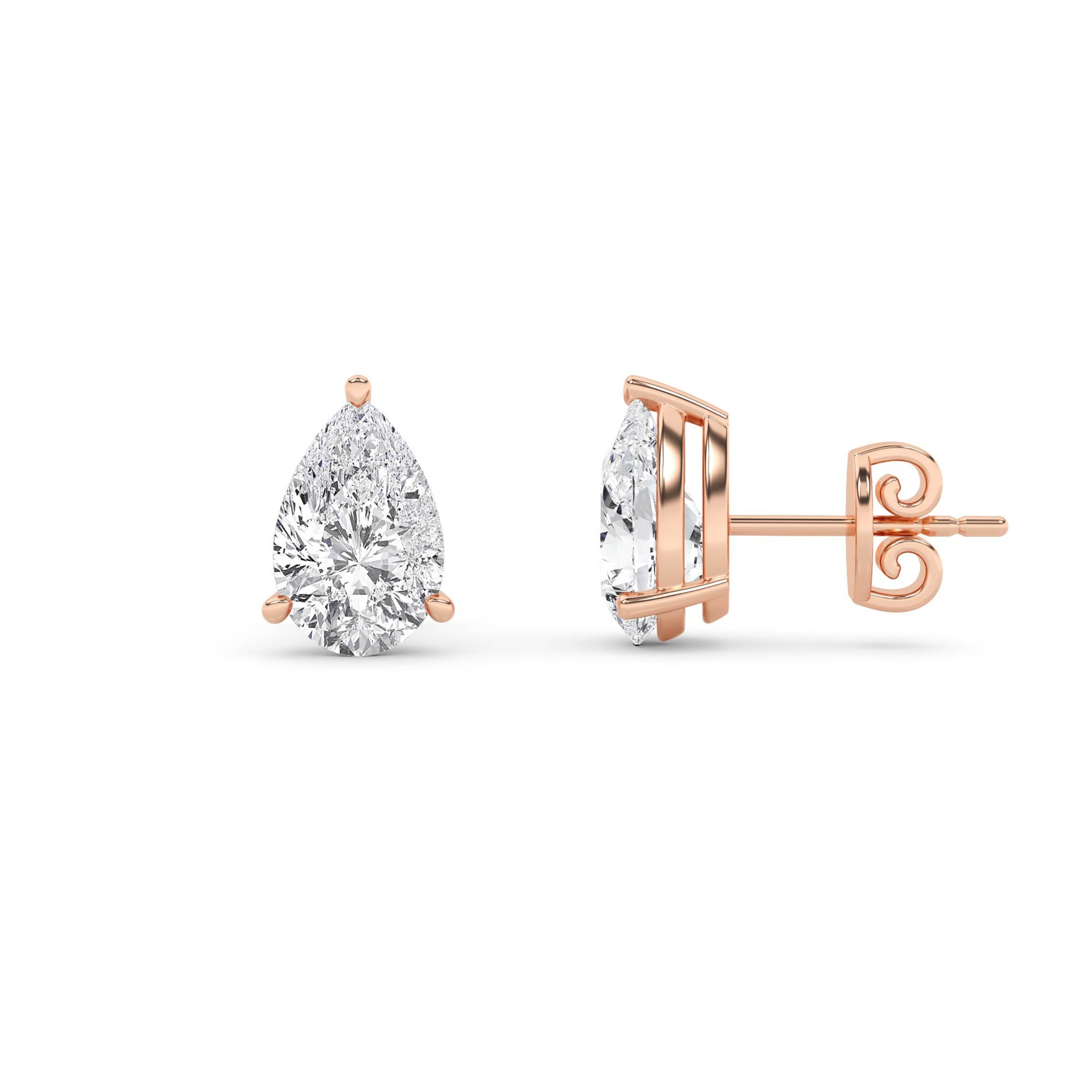Classic Prong Set Pear Diamond Stud Earring in 9K Rose Gold Push Back