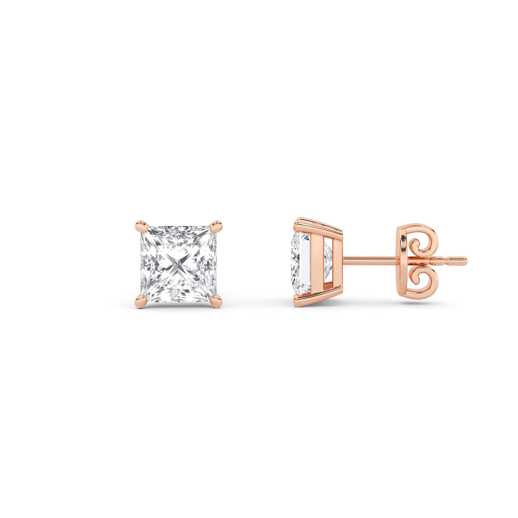 Classic Prong Set Princess Diamond Stud Earring in 9K Rose Gold Push Back