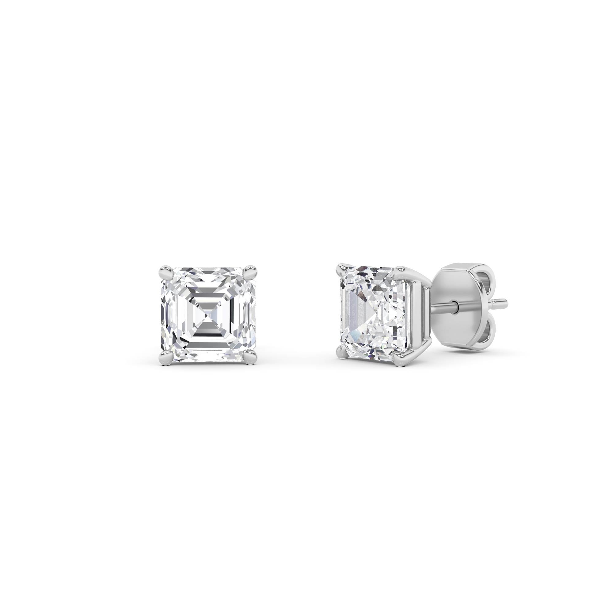 Classic 4 Prong Asscher Diamond Stud Earring in 9K White Gold Push Back