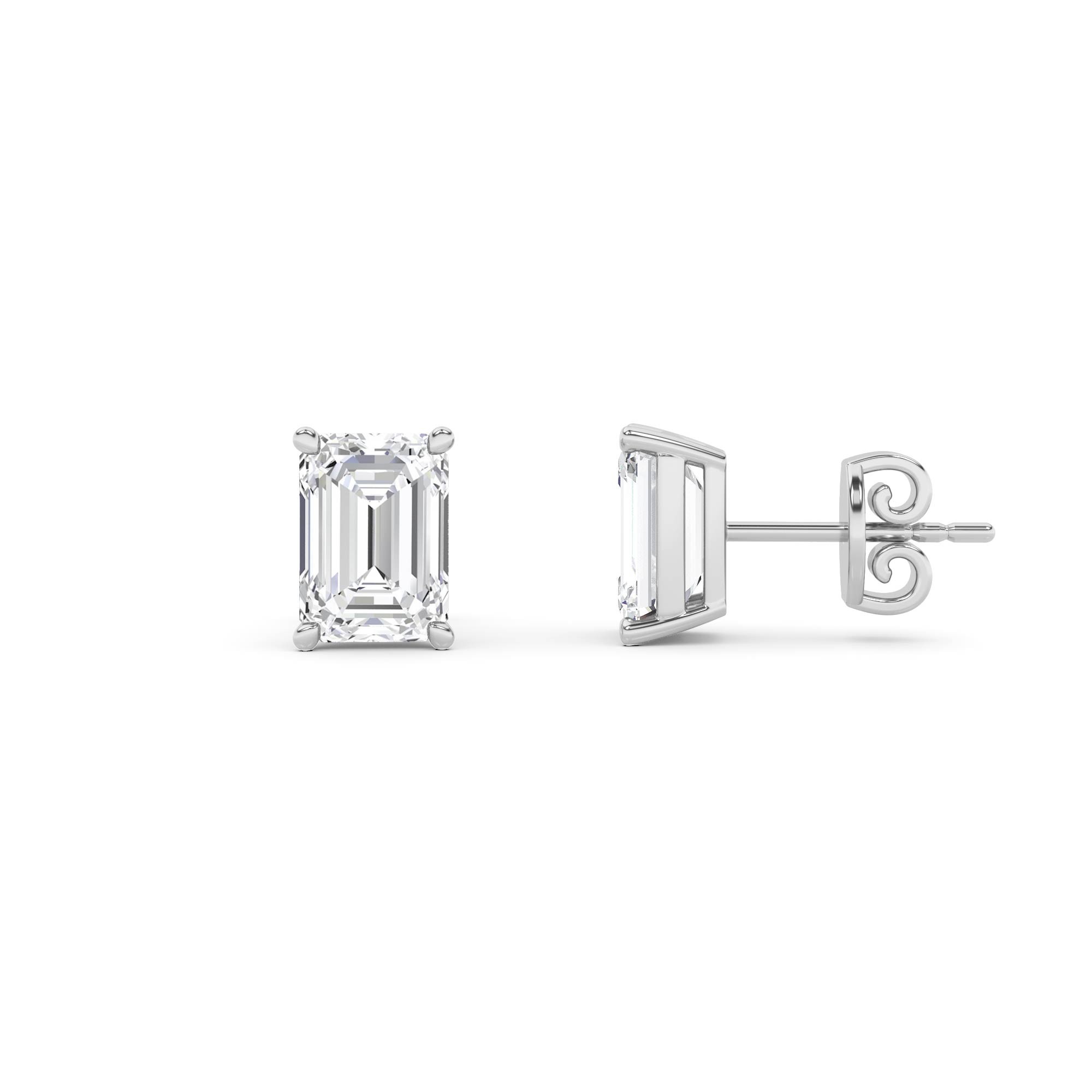 Classic Prong Set Emerald Diamond Stud Earring in 9K Platinum Push Back