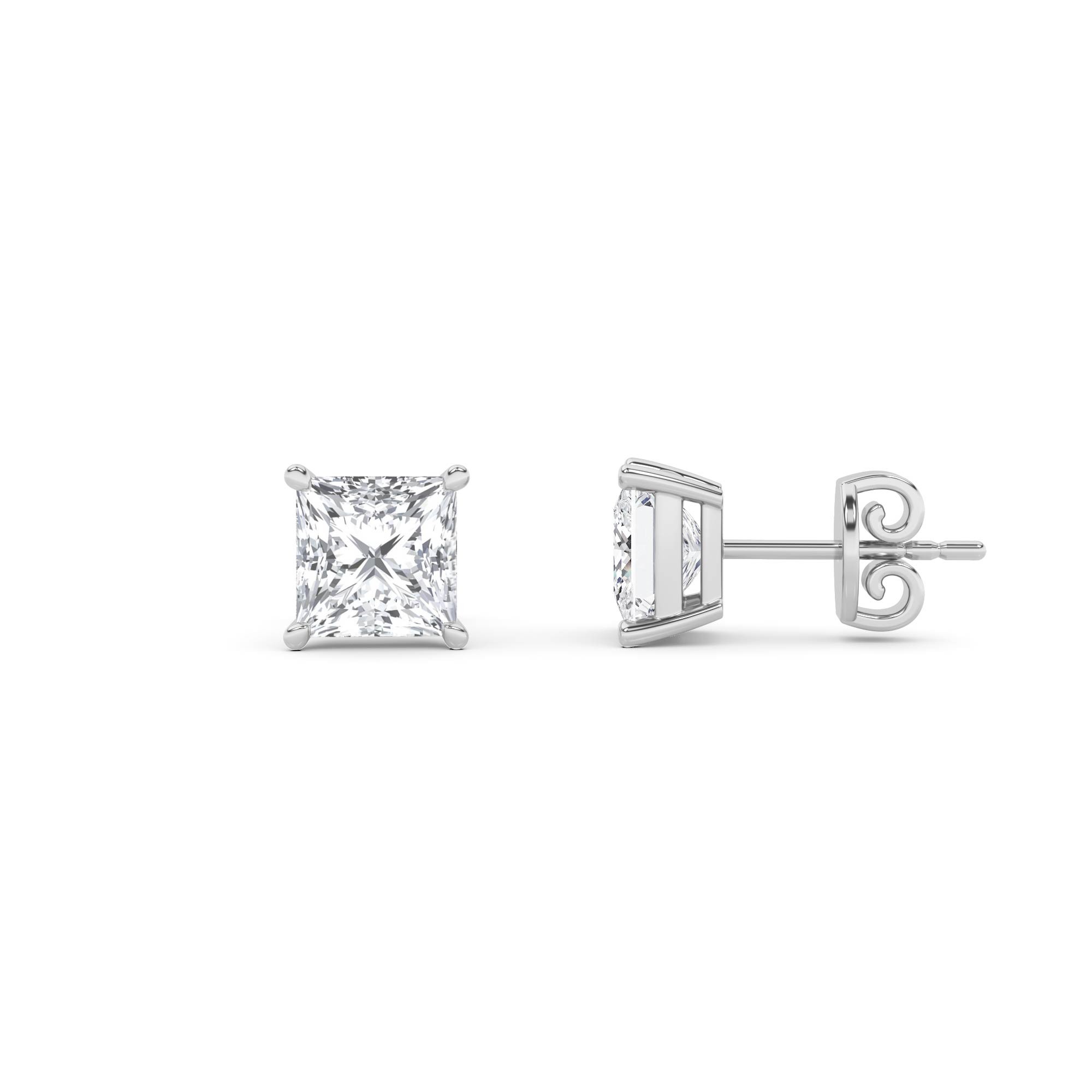 Classic Prong Set Princess Diamond Stud Earring in 9K Platinum Push Back