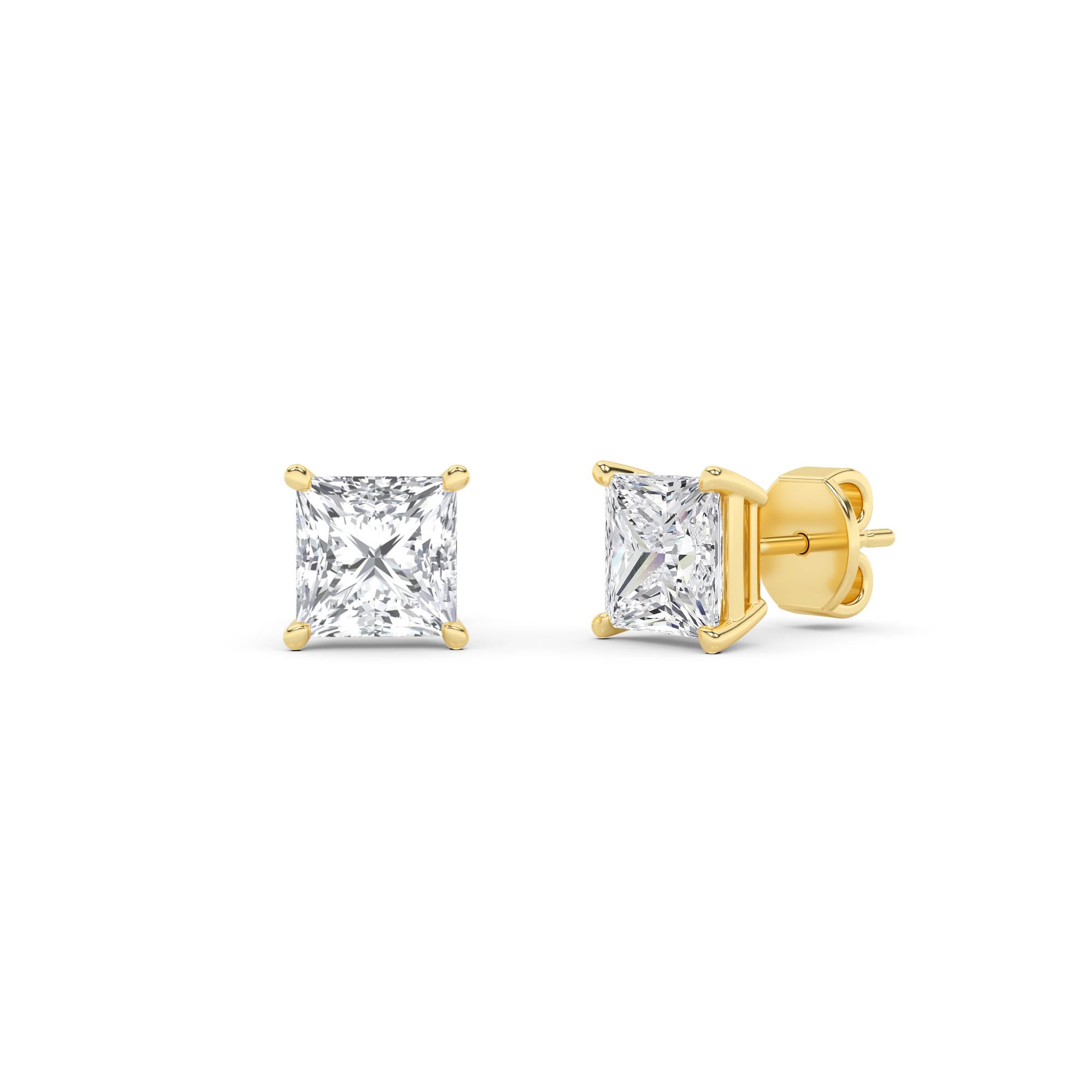 Classic 4 Prong Princess Diamond Stud Earring in 9K Yellow Gold Push Back