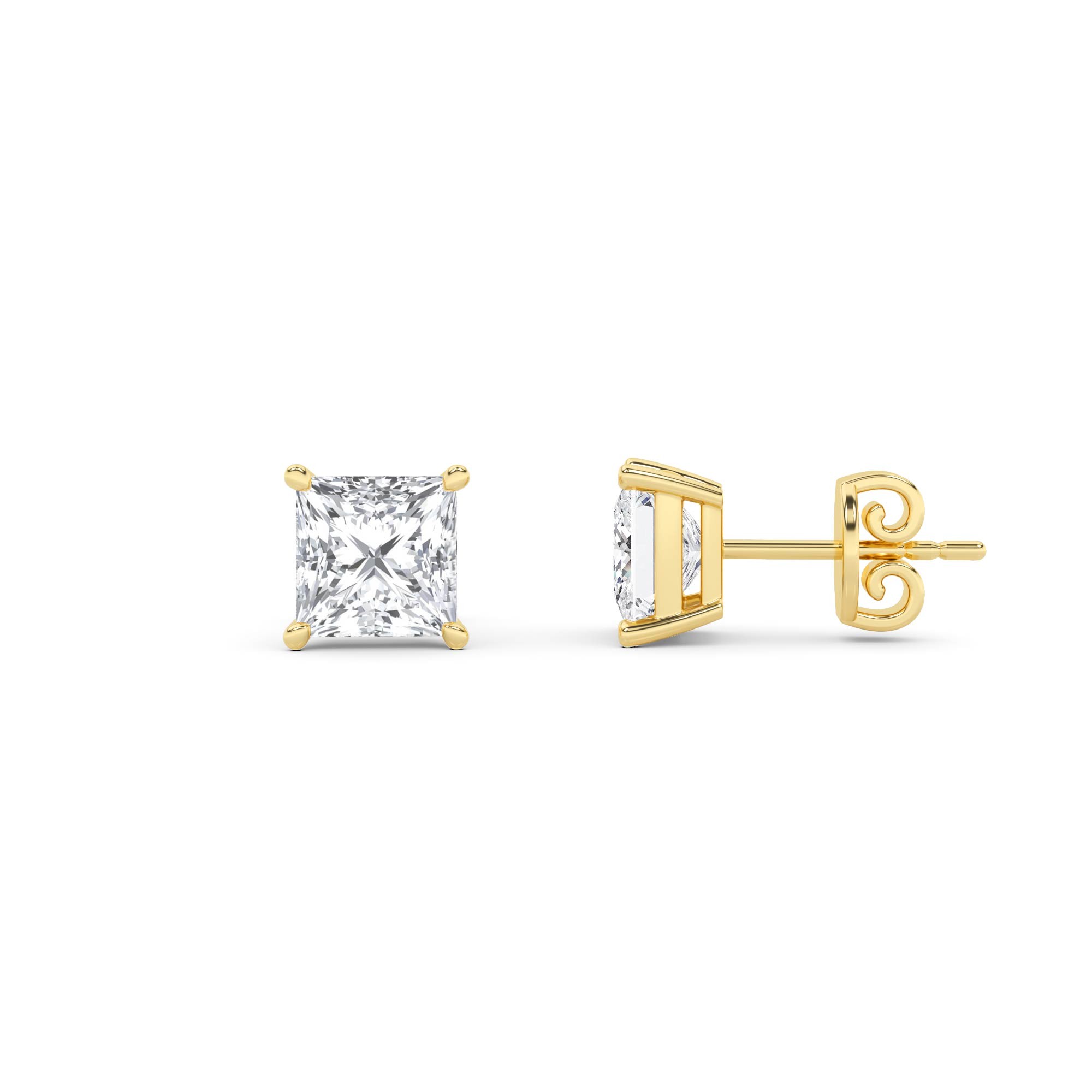 Classic Prong Set Princess Diamond Stud Earring in 9K Yellow Gold Push Back