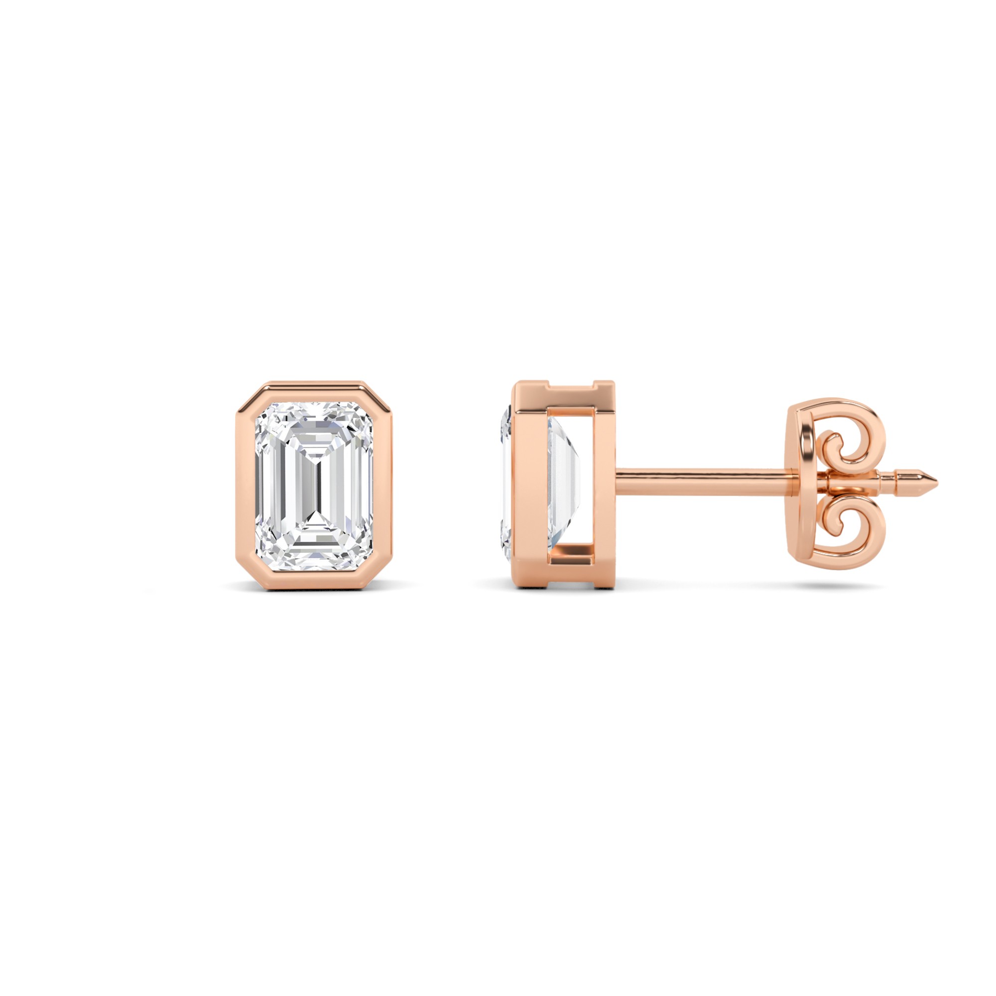 Trendy Bezel Set Emerald Diamond Stud Earring in 9K Rose Gold Screw Back