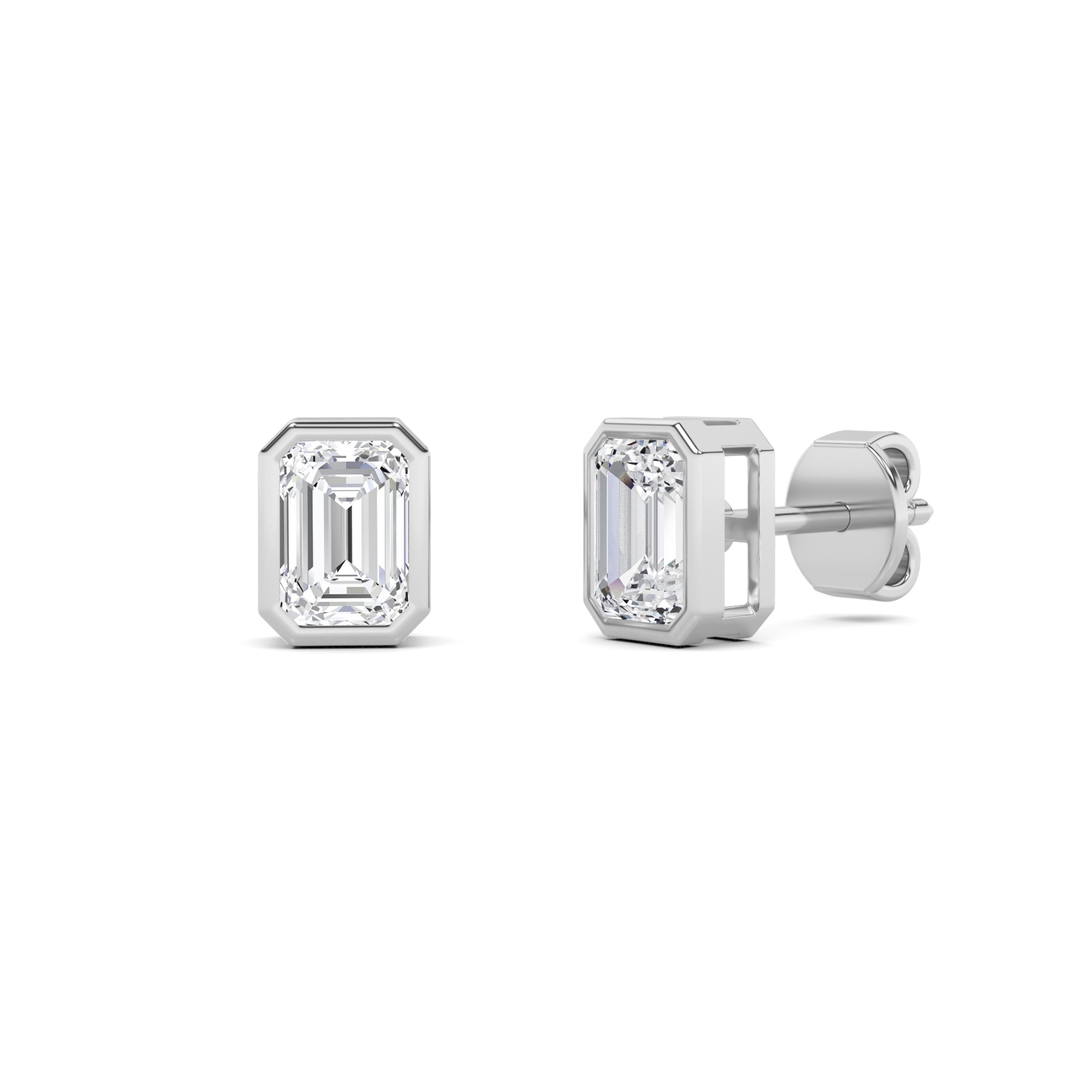 Trendy Bezel Set Emerald Diamond Stud Earring in 9K White Gold Screw Back
