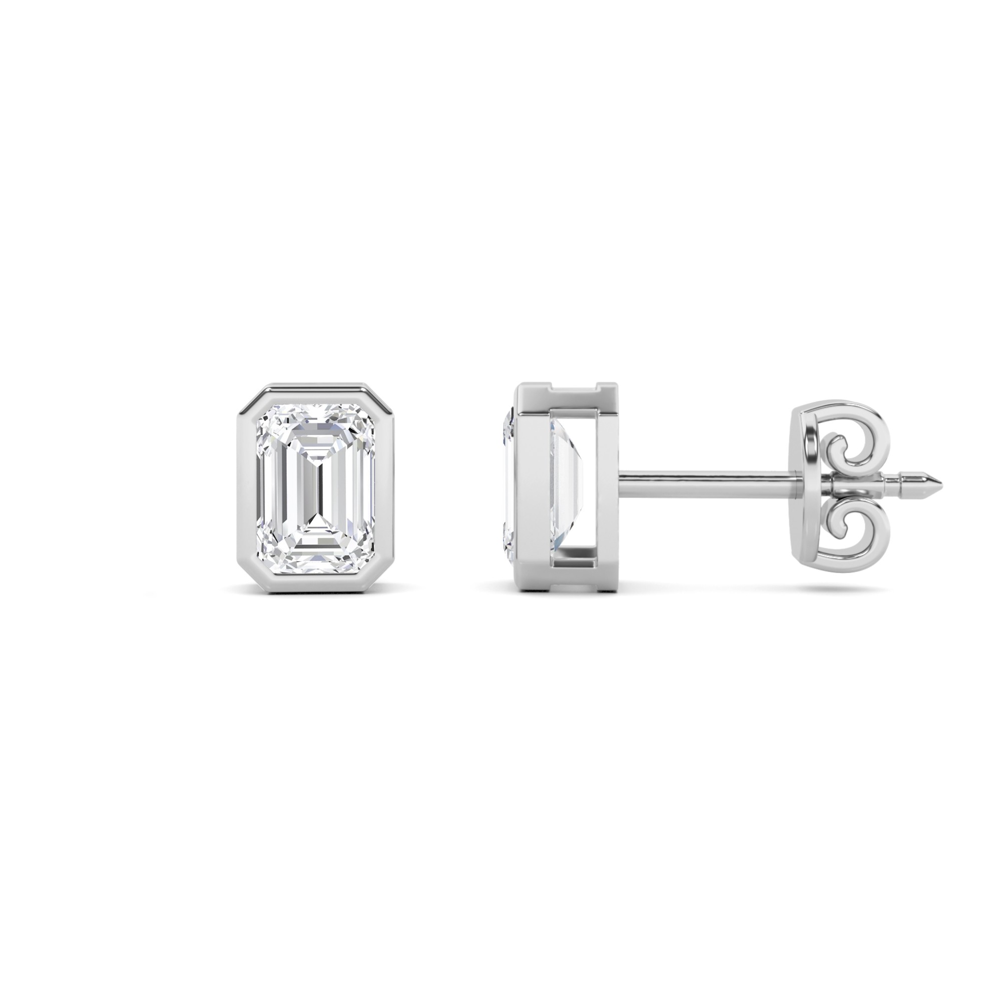 Trendy Bezel Set Emerald Diamond Stud Earring in 9K Platinum Screw Back