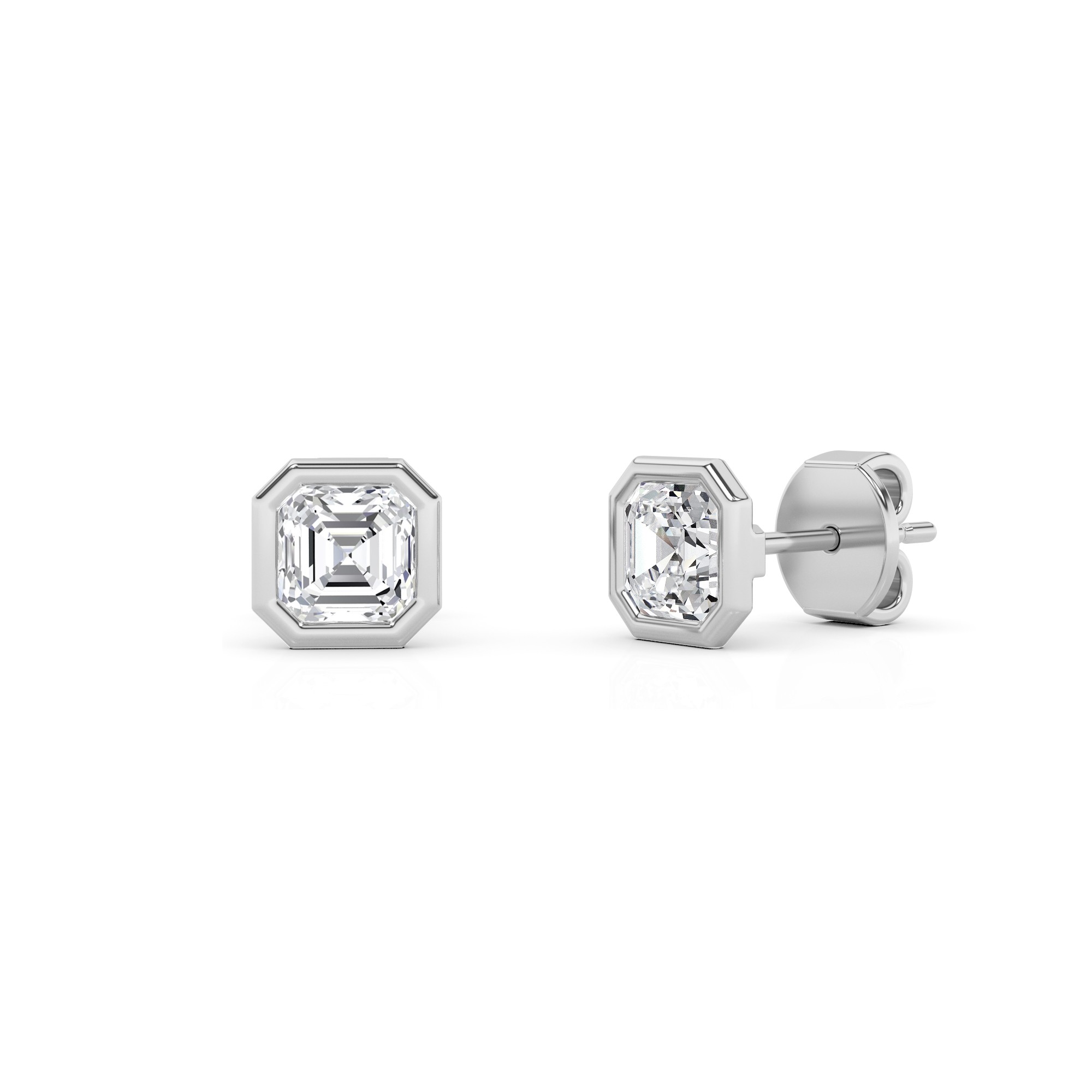 Classic Bezel Set Asscher Diamond Stud Earring in 9K White Gold Push Back