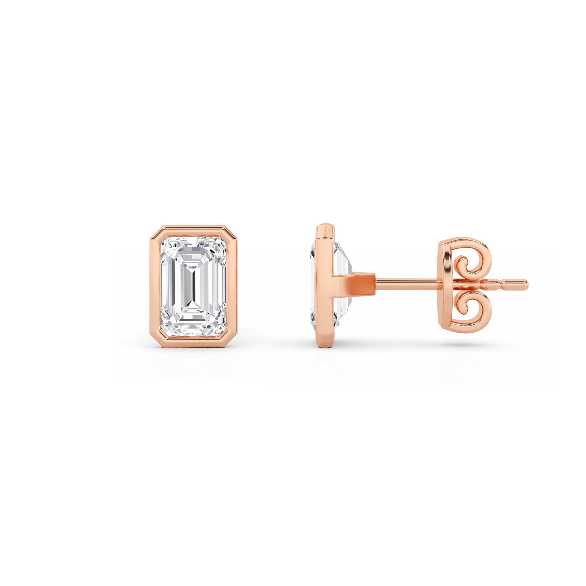 Classic Bezel Set Emerald Diamond Stud Earring in 9K Rose Gold Push Back