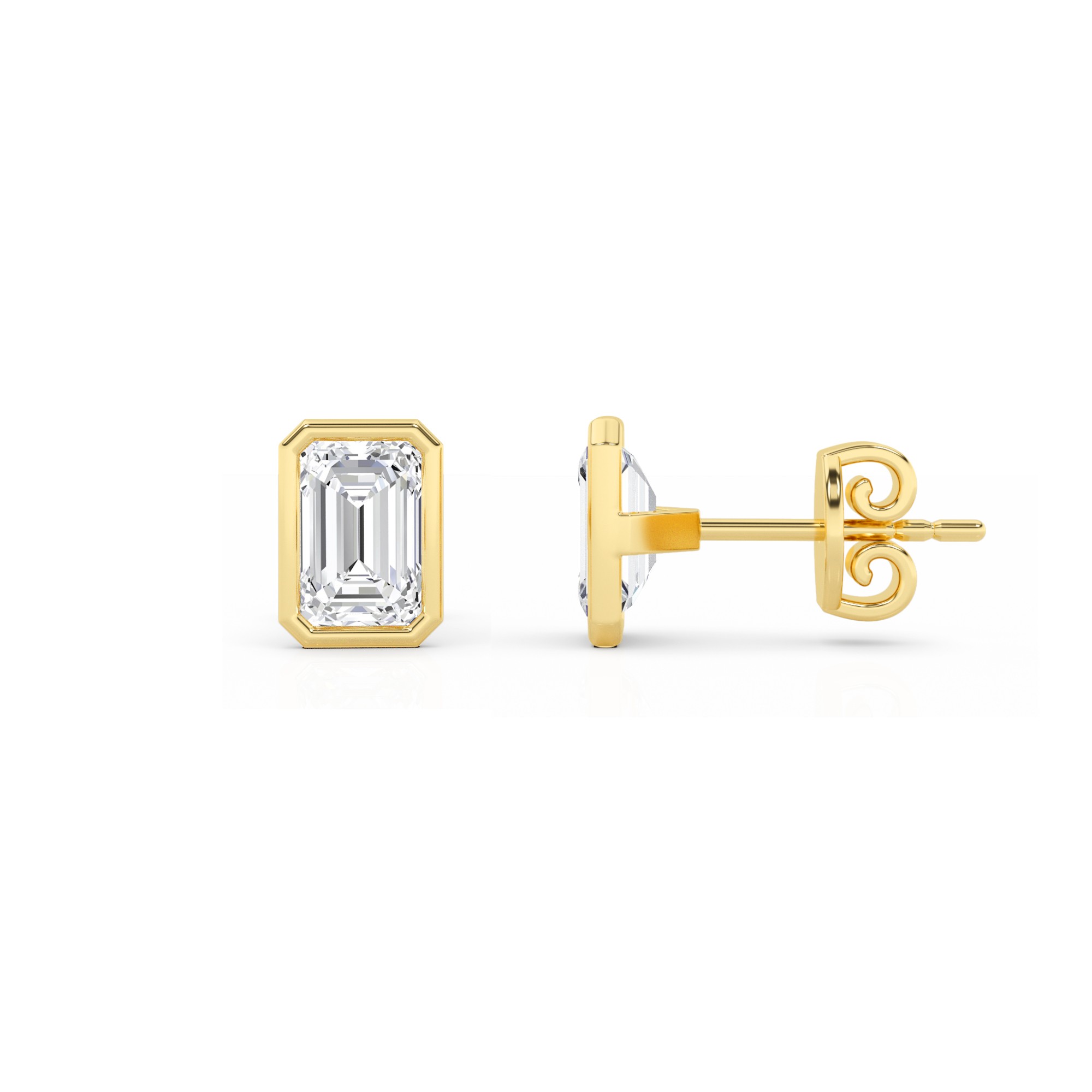 Classic Bezel Set Emerald Diamond Stud Earring in 9K Yellow Gold Push Back