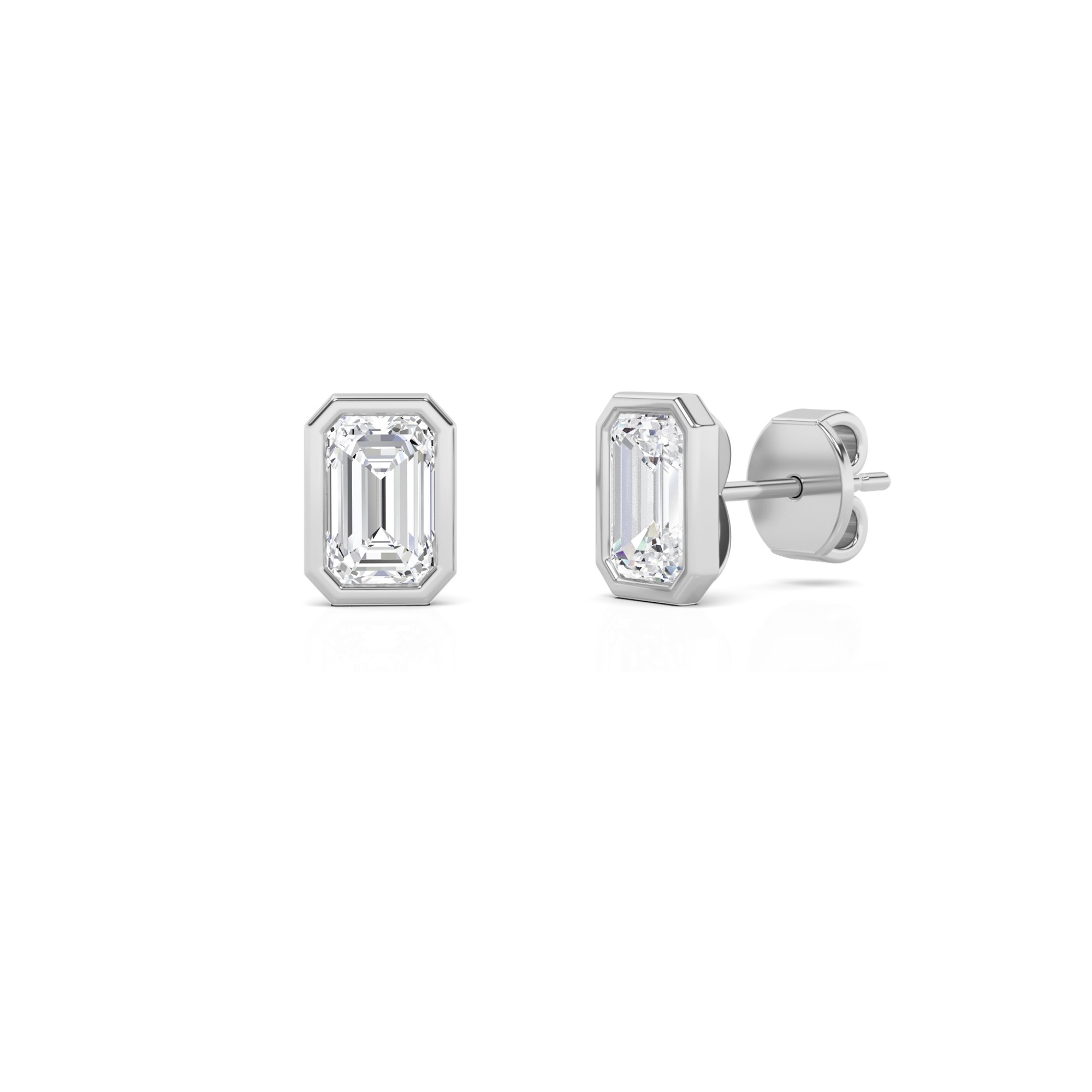 Flat Back Bezel Set Emerald Diamond Stud Earring in 9K White Gold Push Back