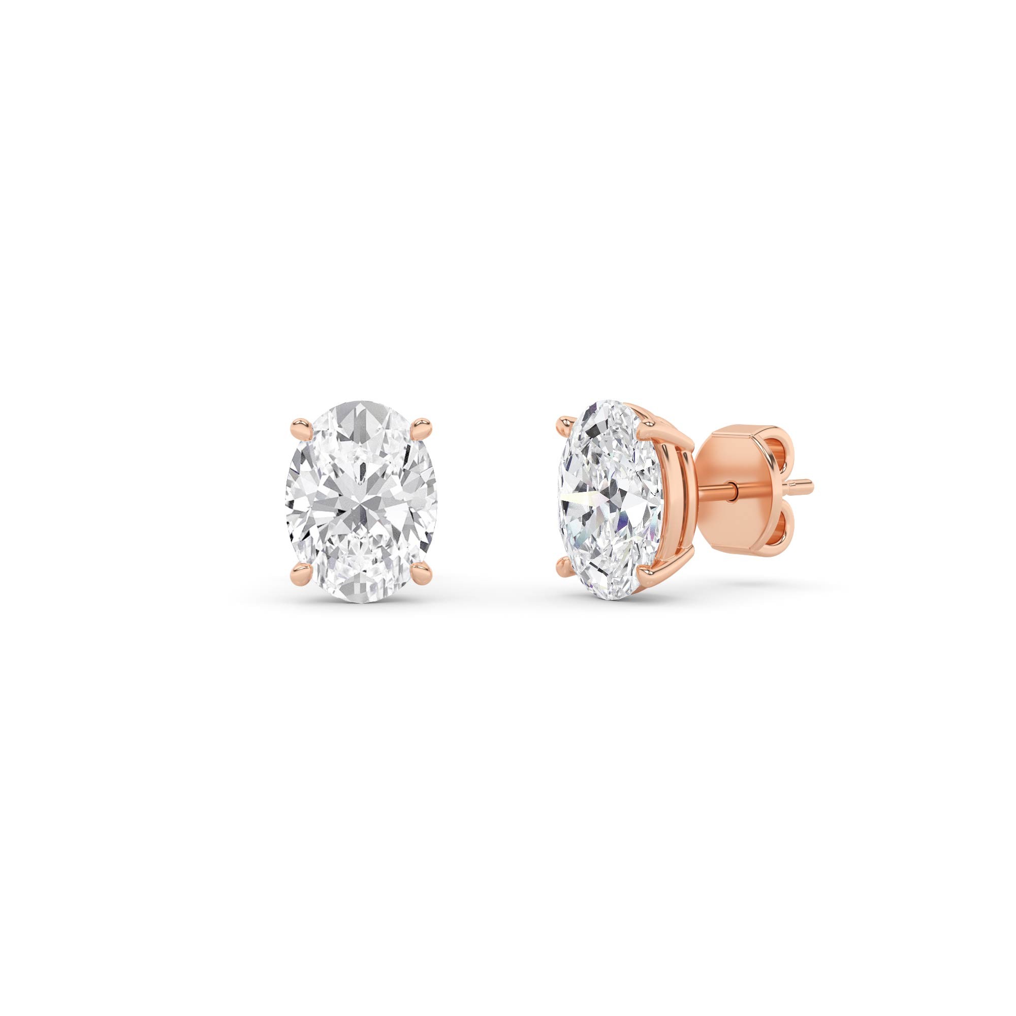Classic 4 Prong Oval Diamond Stud Earring in 9K Rose Gold Push Back