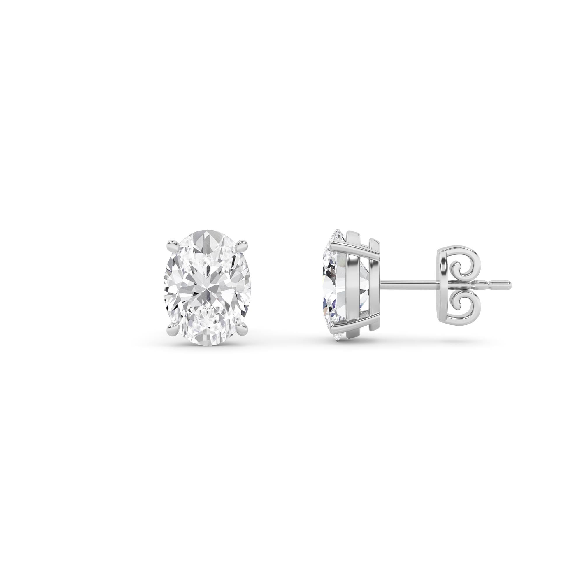Classic Prong Set Oval Diamond Stud Earring in 9K Platinum Push Back