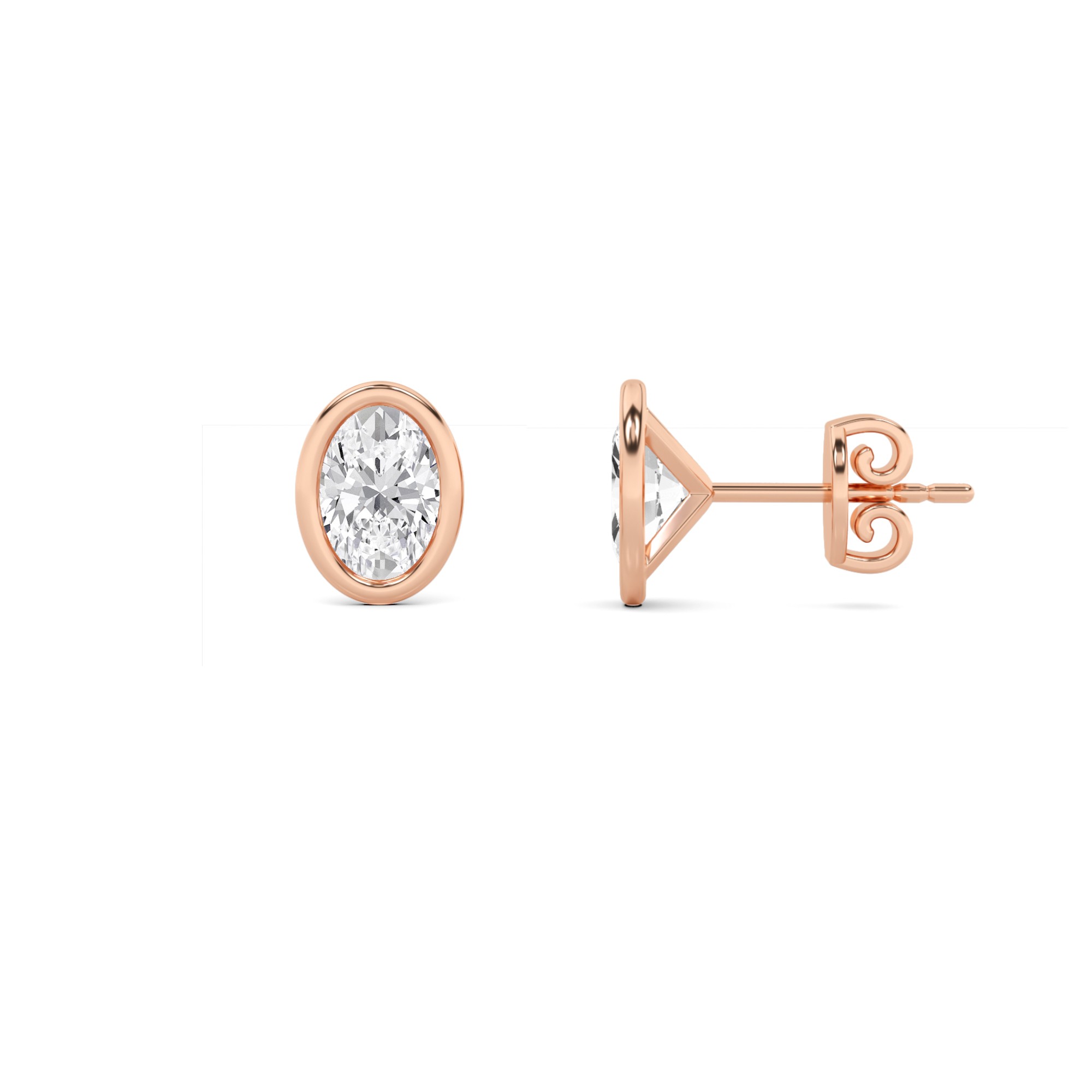 Flat Back Bezel Set Oval Diamond Stud Earring in 9K Rose Gold Push Back