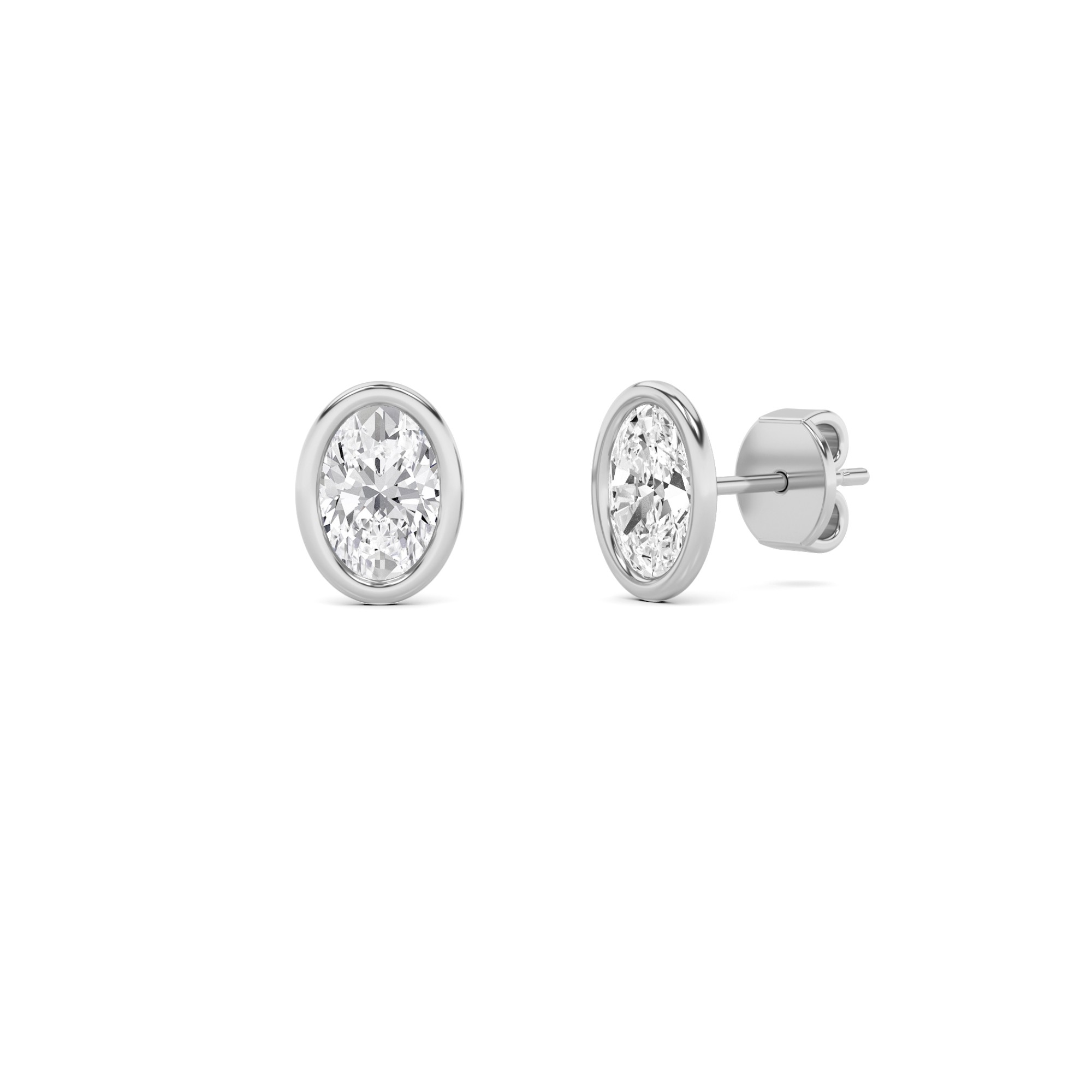 Flat Back Bezel Set Oval Diamond Stud Earring in 9K White Gold Push Back