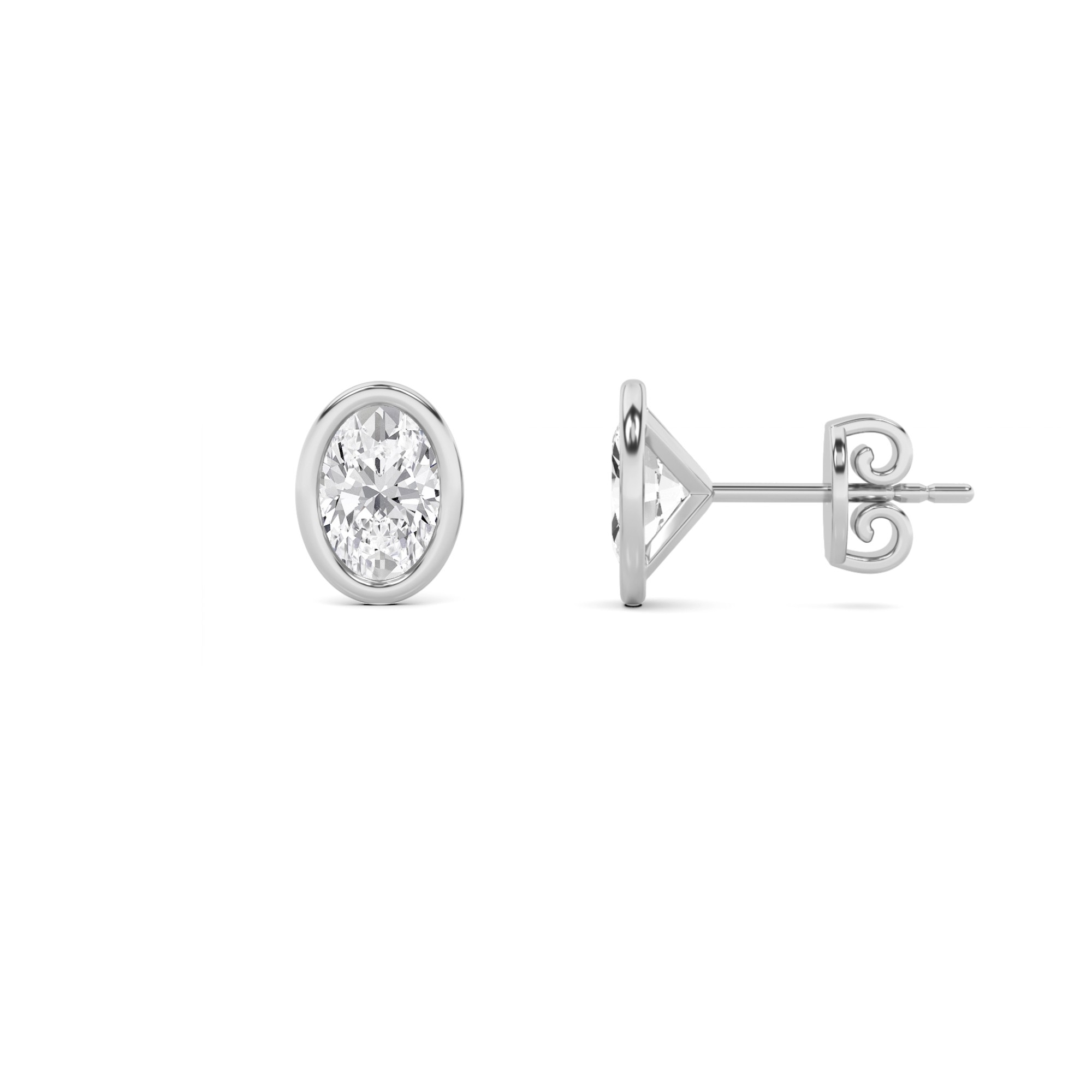 Flat Back Bezel Set Oval Diamond Stud Earring in 9K Platinum Push Back
