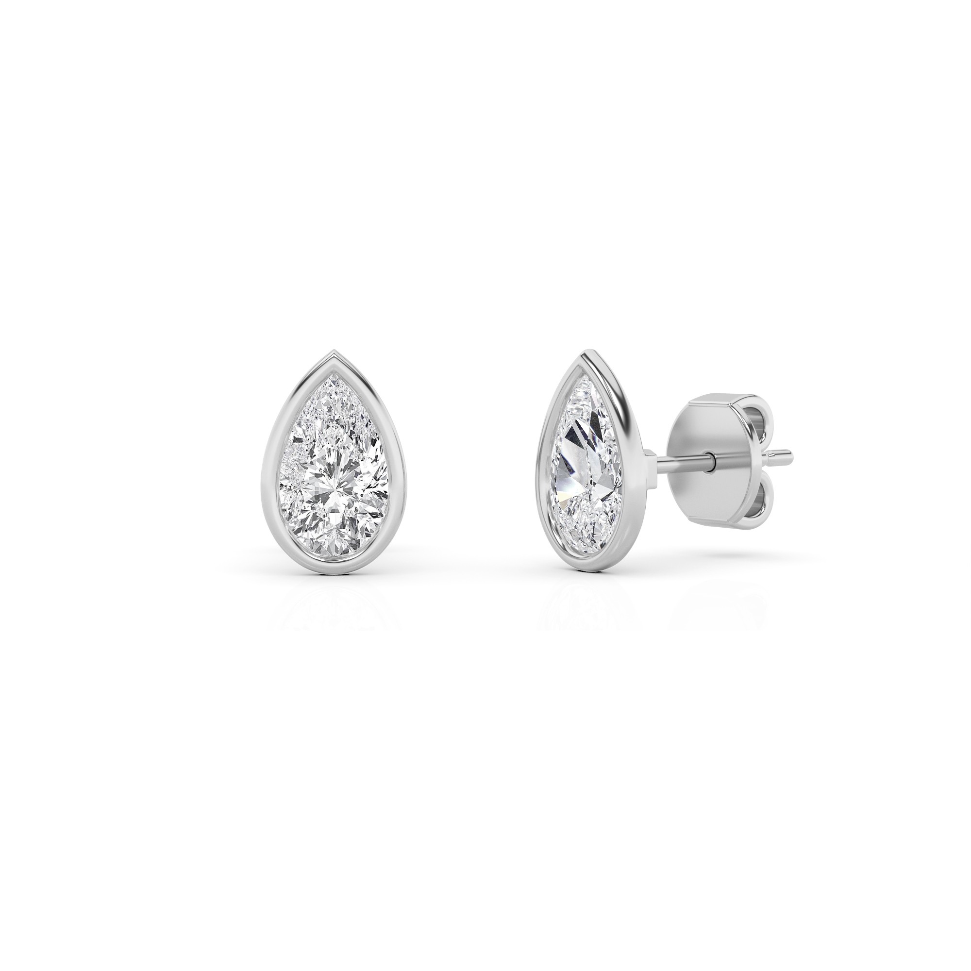 Classic Bezel Set Pear Diamond Stud Earring in 9K White Gold Push Back